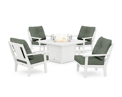 POLYWOOD® Prairie 5-Piece Deep Seating Set with Fire Pit Table in White / Cast Sage
