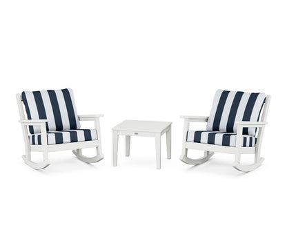 POLYWOOD® Chippendale 3-Piece Deep Seating Rocker Set in White / Cabana Stripe Marine Indigo