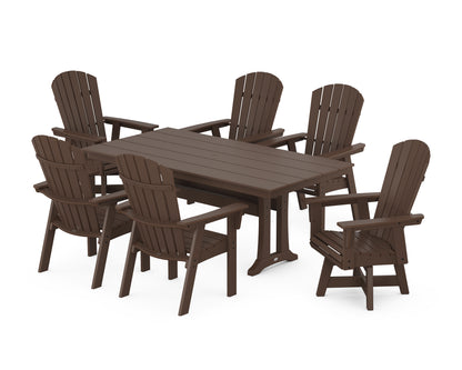 POLYWOOD® Nautical Curveback Adirondack Swivel Chair 7-Piece Farmhouse Dining Set With Trestle Legs in Mahogany