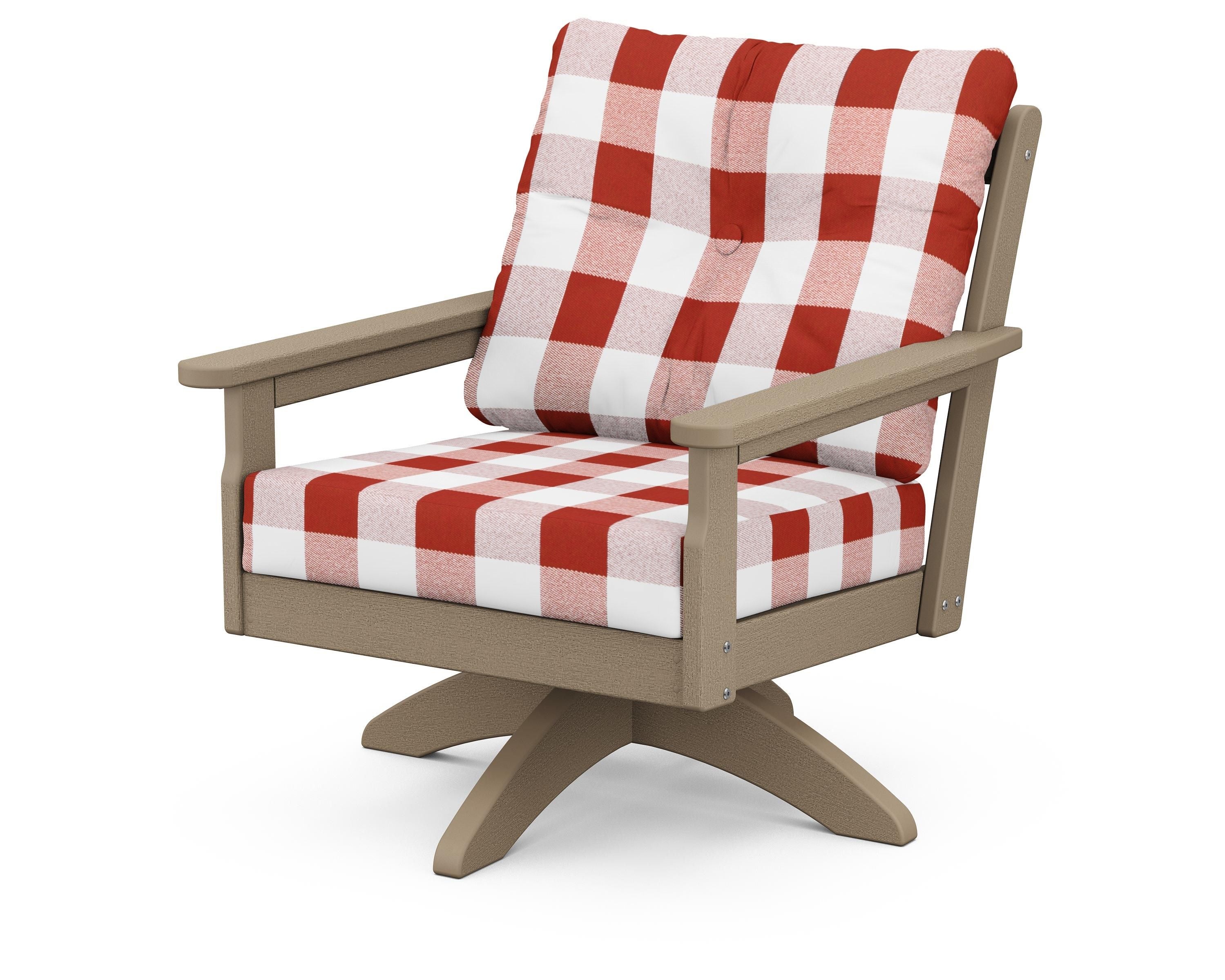 POLYWOOD® Vineyard Deep Seating Swivel Chair in Vintage Sahara / Buffalo Plaid Crimson