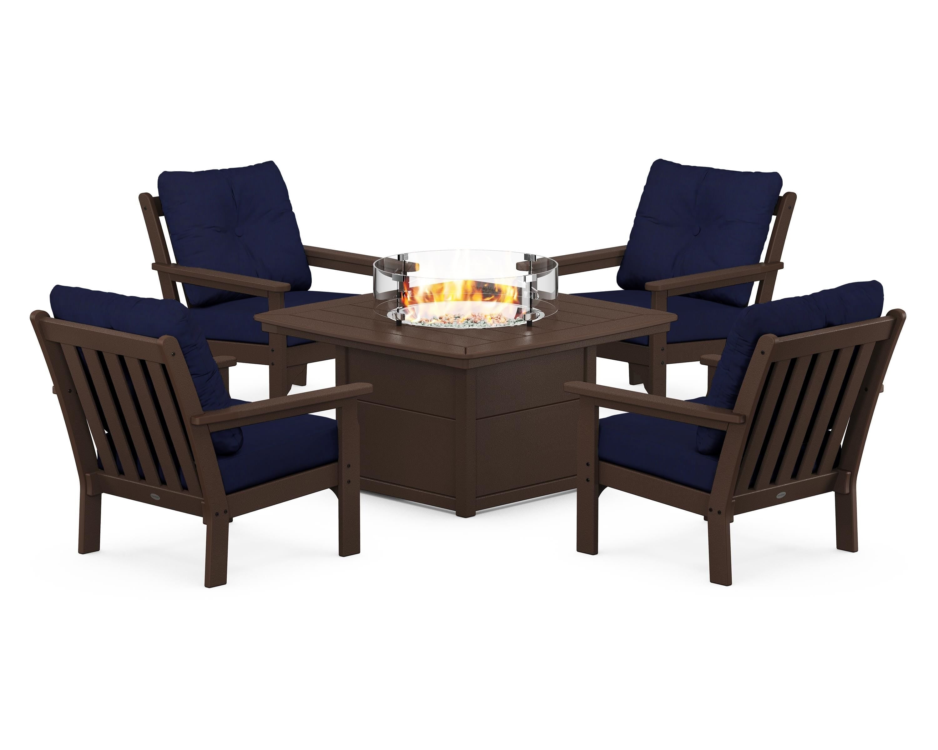 POLYWOOD® Vineyard 5-Piece Conversation Set with Fire Pit Table in Mahogany / Navy