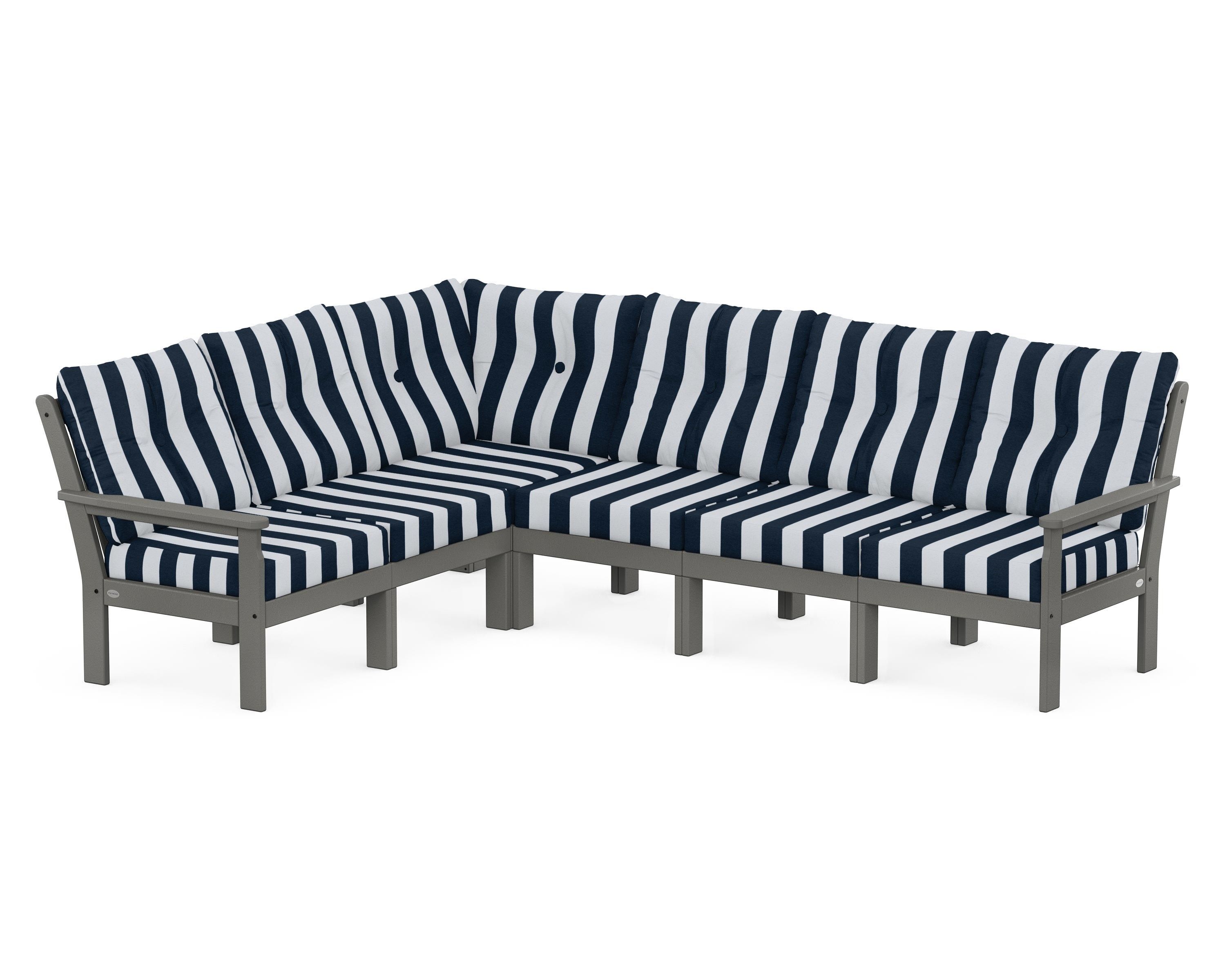 POLYWOOD® Vineyard 6-Piece Sectional in Slate Grey / Cabana Stripe Marine Indigo