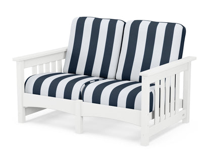 POLYWOOD® Club Mission Loveseat in White / Cabana Stripe Marine Indigo