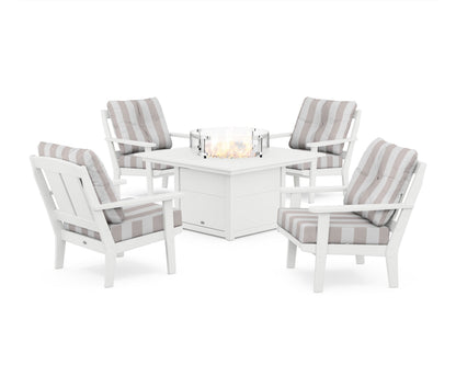 POLYWOOD® Mission 5-Piece Deep Seating Set with Fire Pit Table in White / Cabana Stripe Dune Burlap