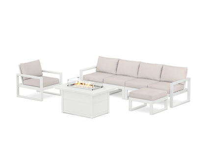 POLYWOOD® EDGE Sectional Lounge and Fire Pit Set in White / Dune Burlap