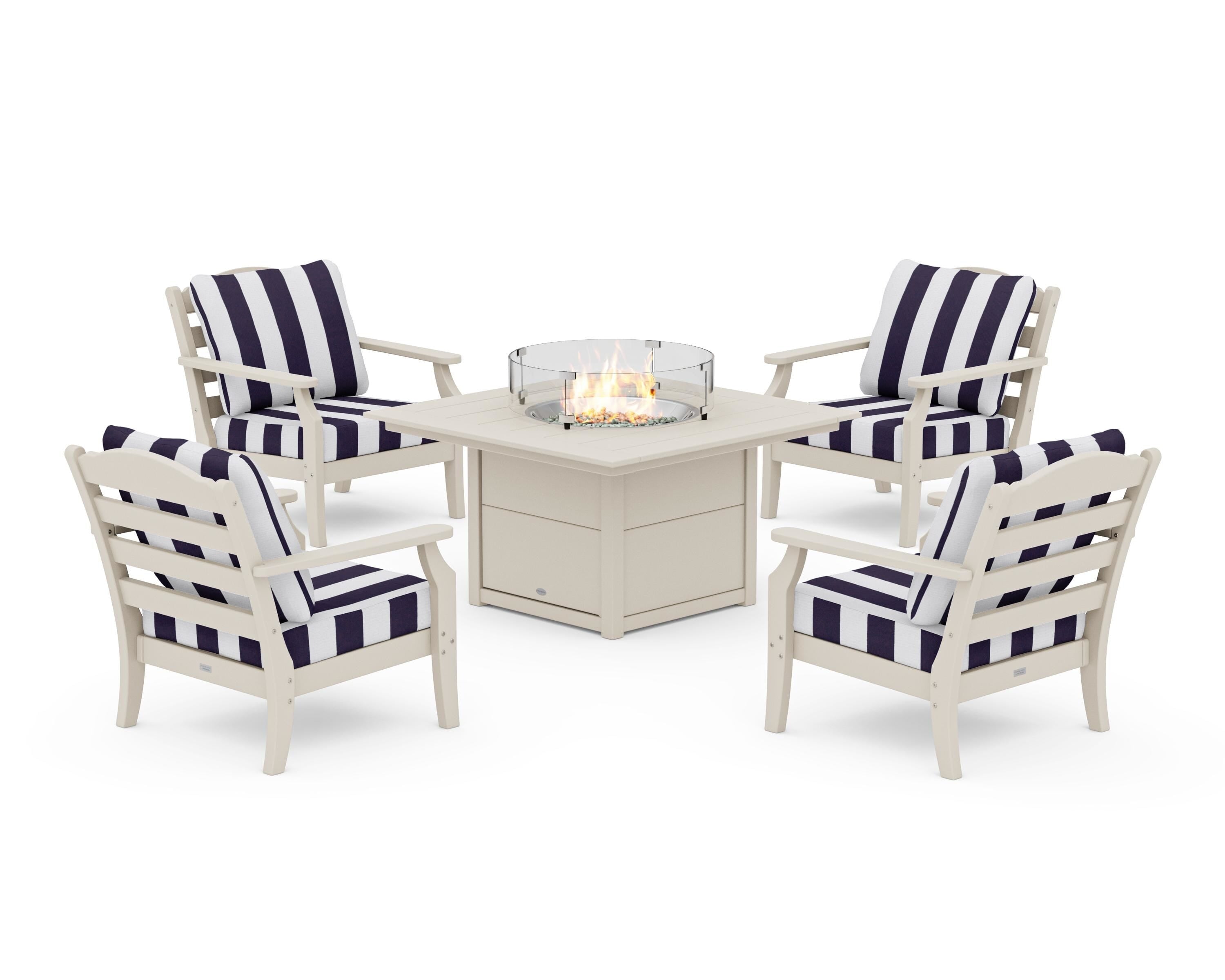Draper James™ by  POLYWOOD® Savannah 5-Piece Deep Seating Set with Fire Pit Table in Sand / Cabana Stripe Navy