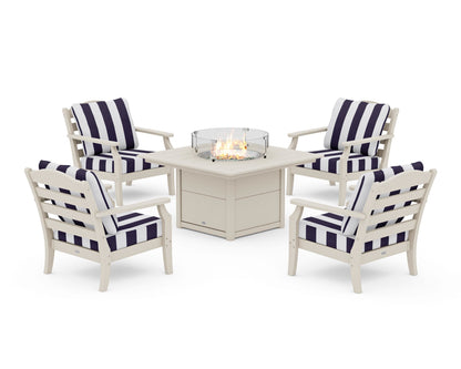 Draper James™ by  POLYWOOD® Savannah 5-Piece Deep Seating Set with Fire Pit Table in Sand / Cabana Stripe Navy