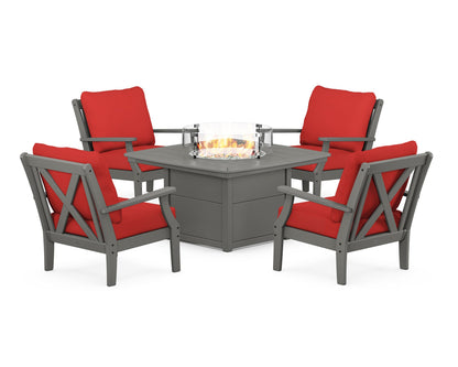 POLYWOOD® Braxton 5-Piece Deep Seating Conversation Set with Fire Pit Table in Slate Grey / Crimson Linen