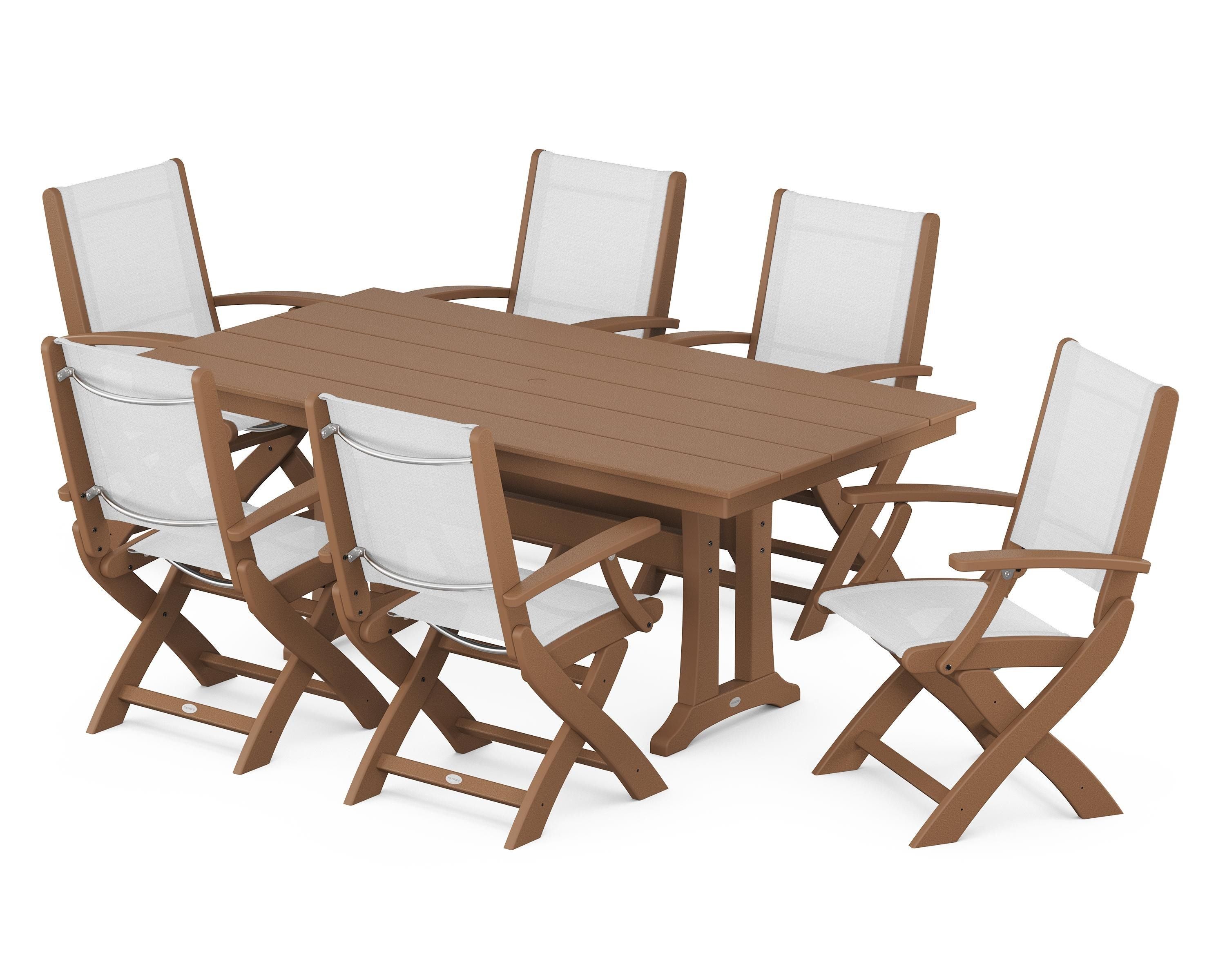 POLYWOOD® Coastal Folding Arm Chair 7-Piece Farmhouse Dining Set with Trestle Legs in Teak / White Sling