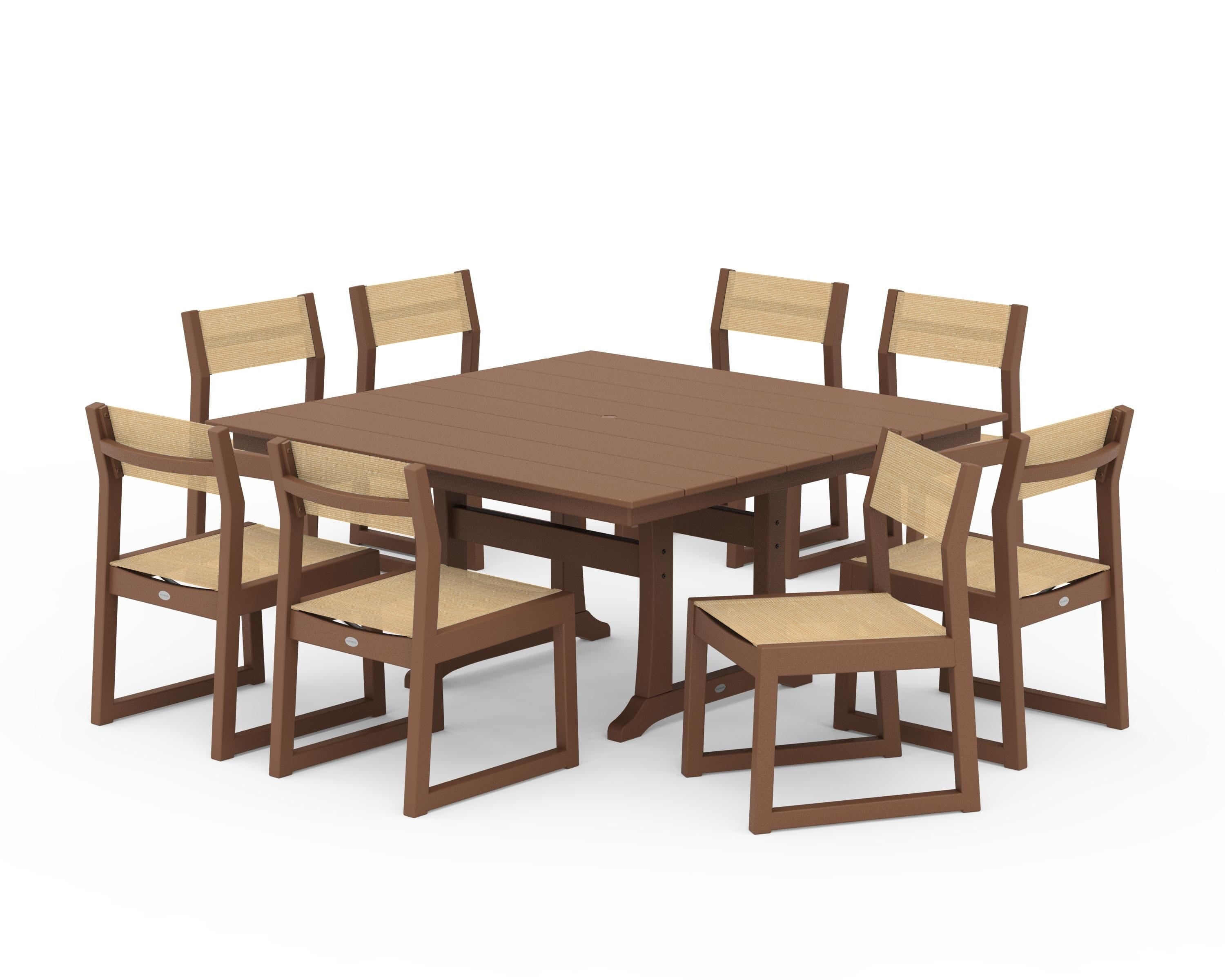POLYWOOD® EDGE Sling Side Chair 9-Piece Farmhouse Trestle Dining Set in Teak / Dupioni Apricot Sling