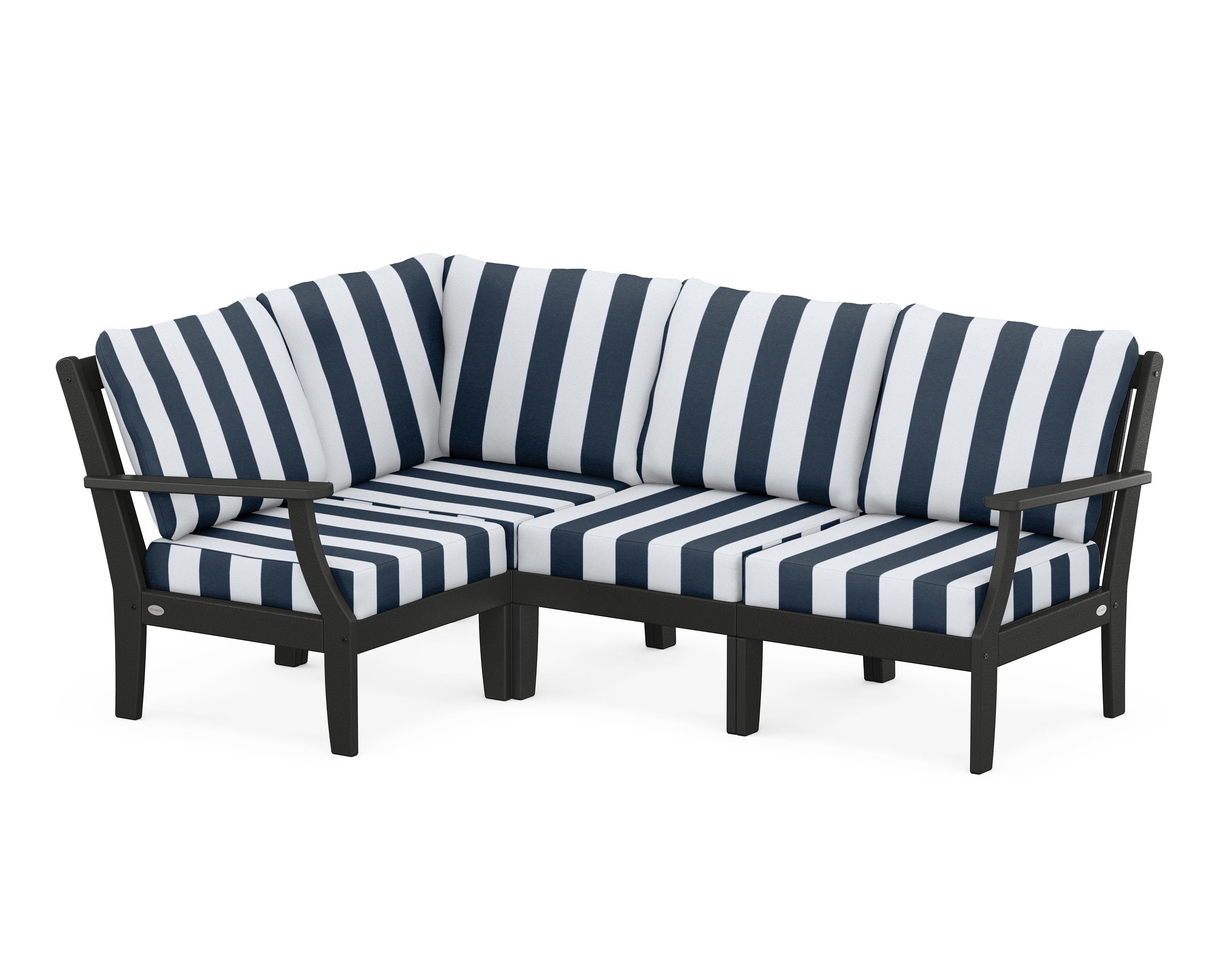POLYWOOD® Braxton Modular 4-Piece Deep Seating Set in Black / Cabana Stripe Marine Indigo