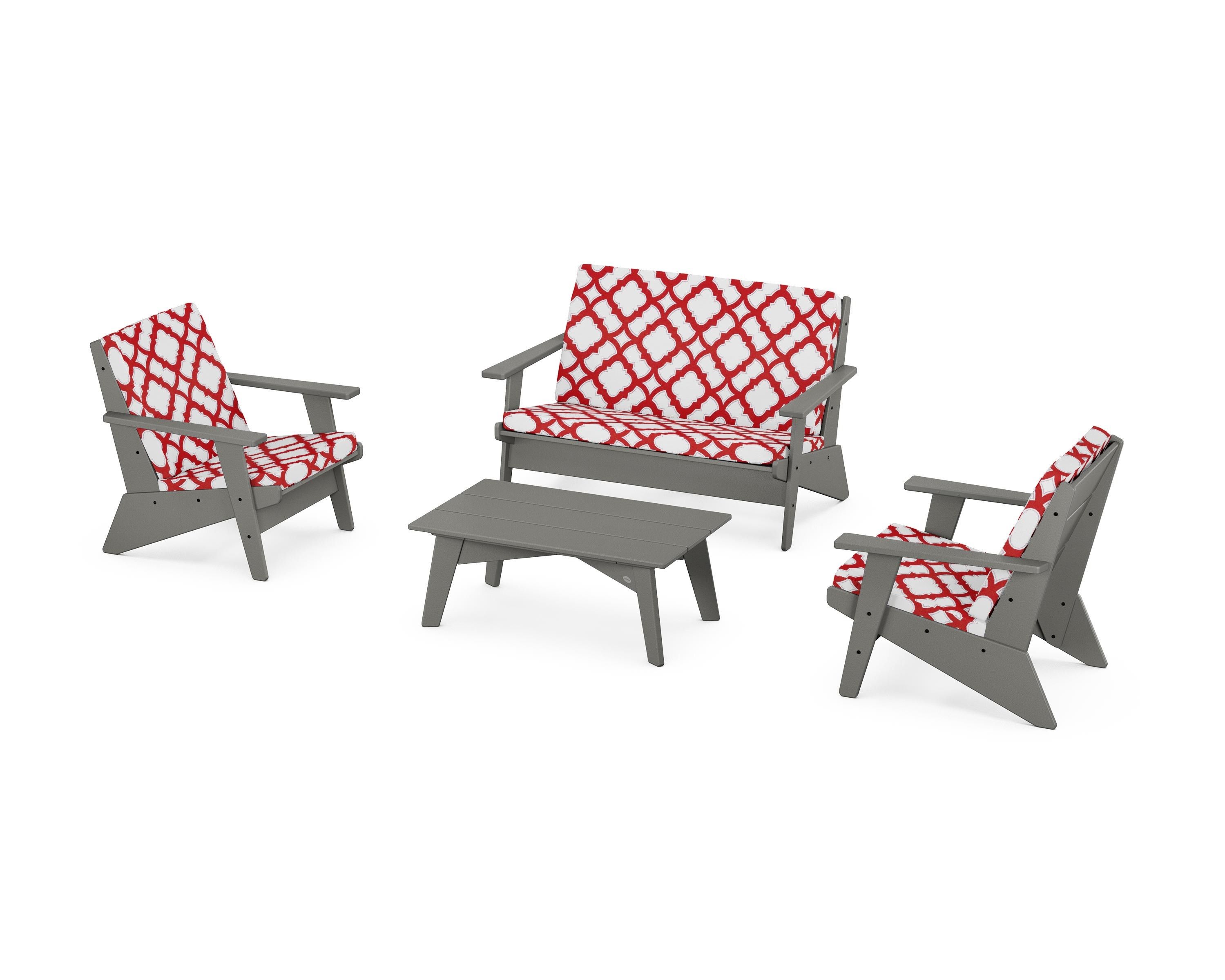 POLYWOOD® Riviera Modern Lounge 4-Piece Set in Slate Grey / Trellis Crimson