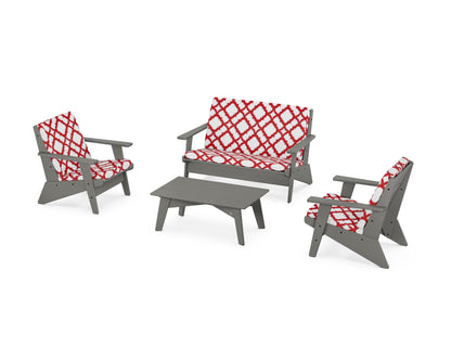 POLYWOOD® Riviera Modern Lounge 4-Piece Set in Slate Grey / Trellis Crimson
