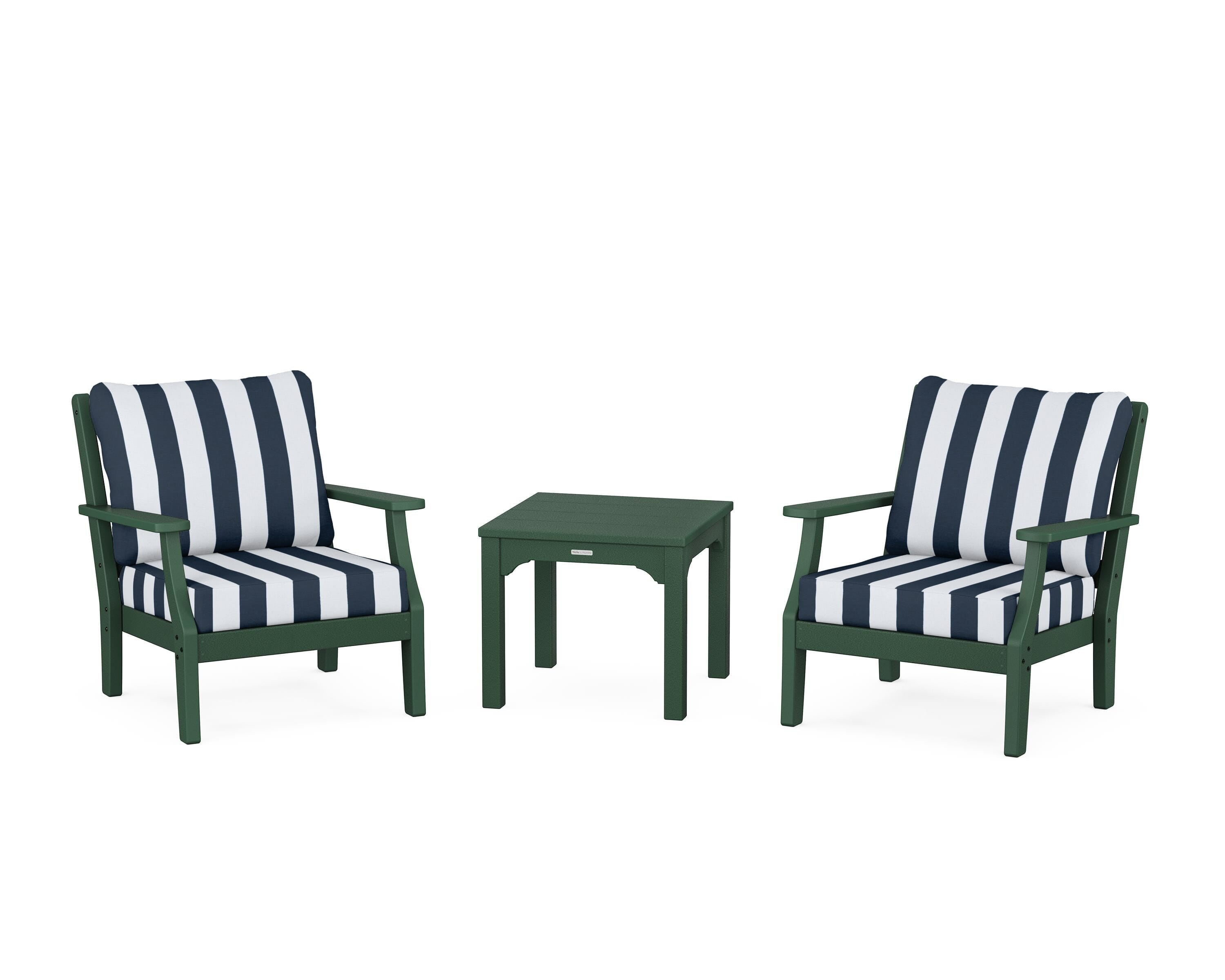 Martha Stewart by POLYWOOD® Chinoiserie 3-Piece Deep Seating Set in Green / Cabana Stripe Marine Indigo