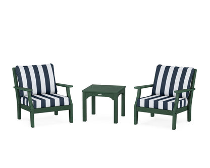 Martha Stewart by POLYWOOD® Chinoiserie 3-Piece Deep Seating Set in Green / Cabana Stripe Marine Indigo