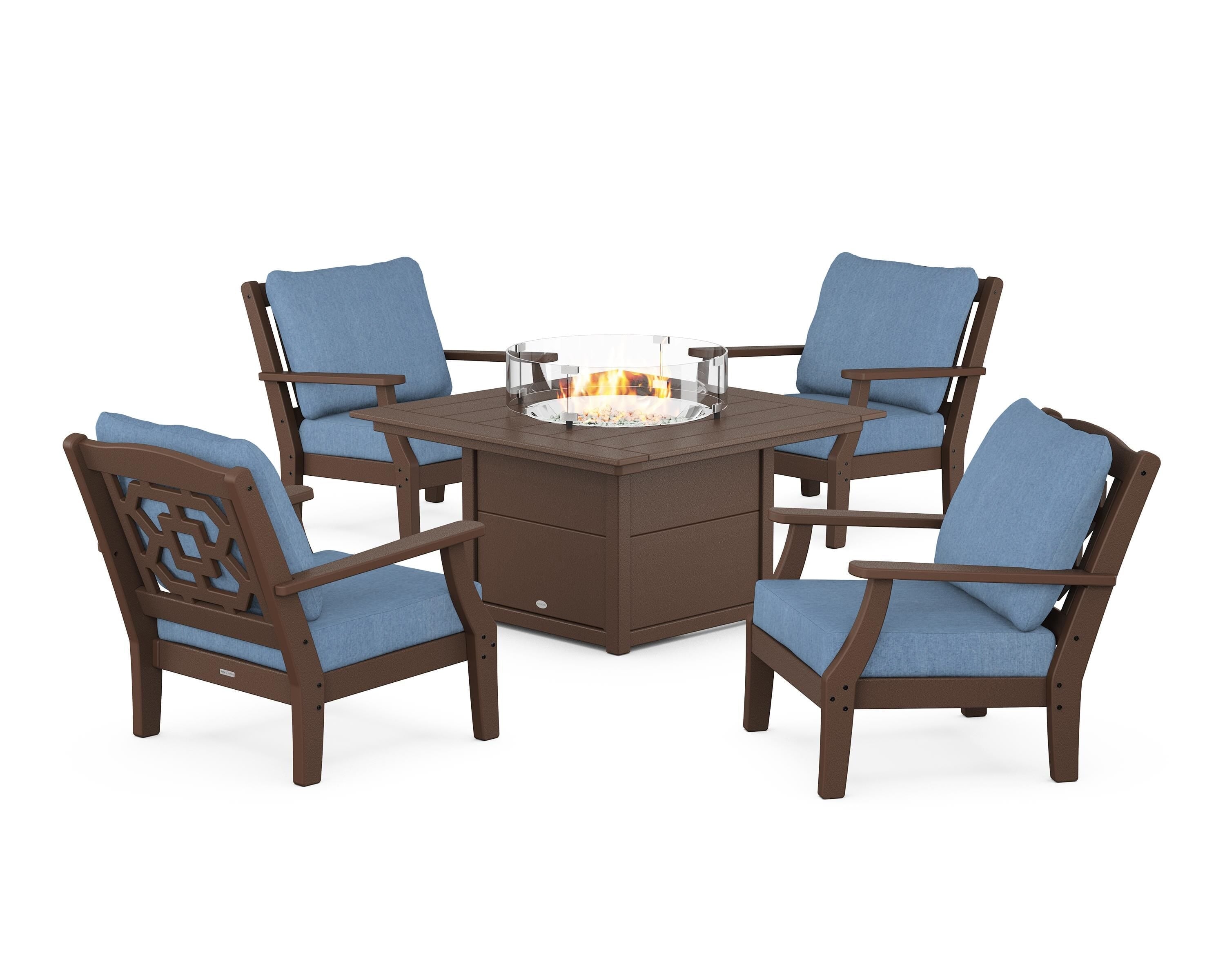 Martha Stewart by POLYWOOD® Chinoiserie 5-Piece Deep Seating Set with Fire Pit Table in Mahogany / Sky Blue