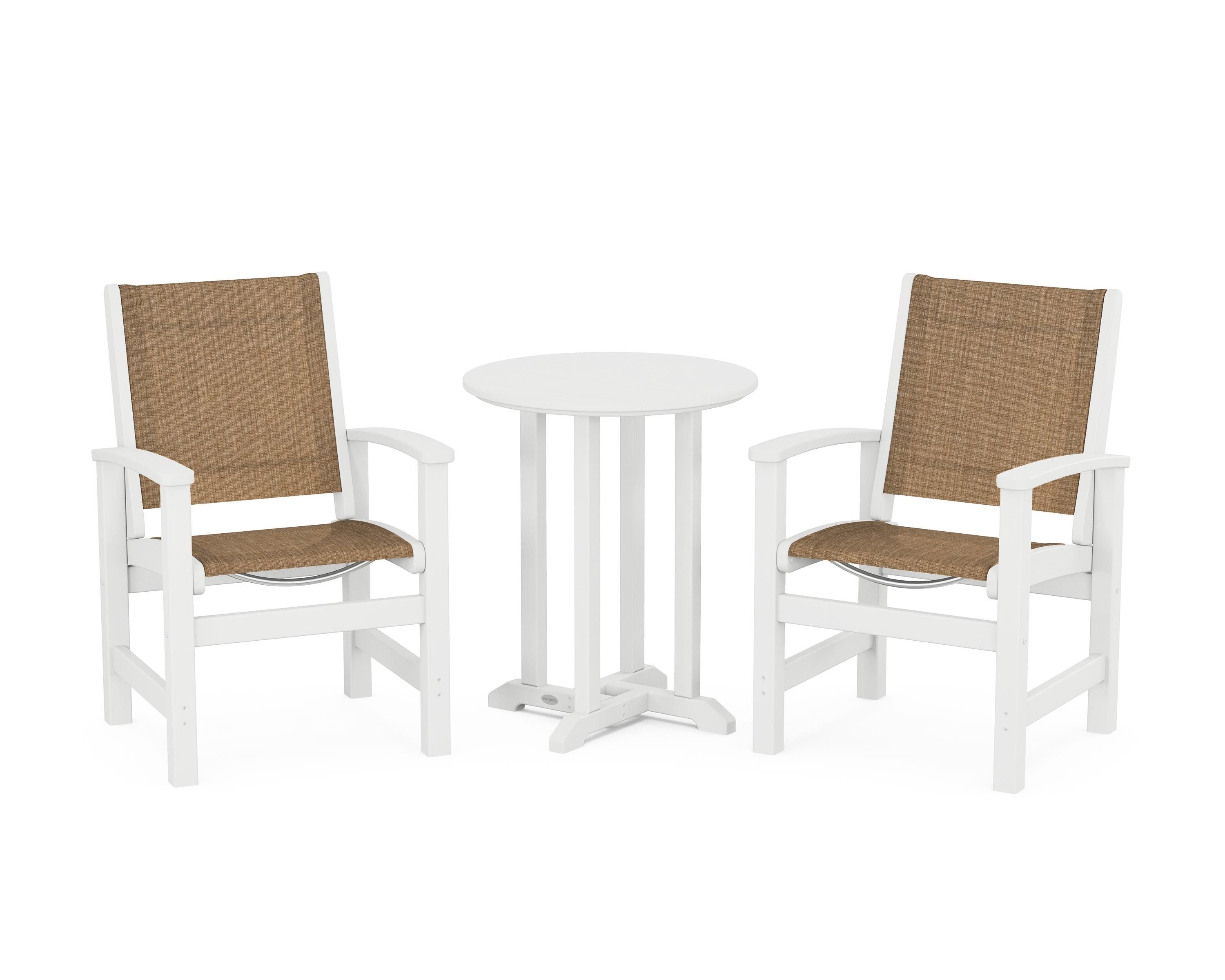 POLYWOOD® Coastal 3-Piece Round Bistro Dining Set in White / Burlap Sling