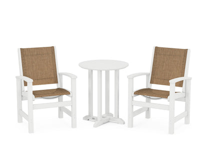 POLYWOOD® Coastal 3-Piece Round Bistro Dining Set in White / Burlap Sling