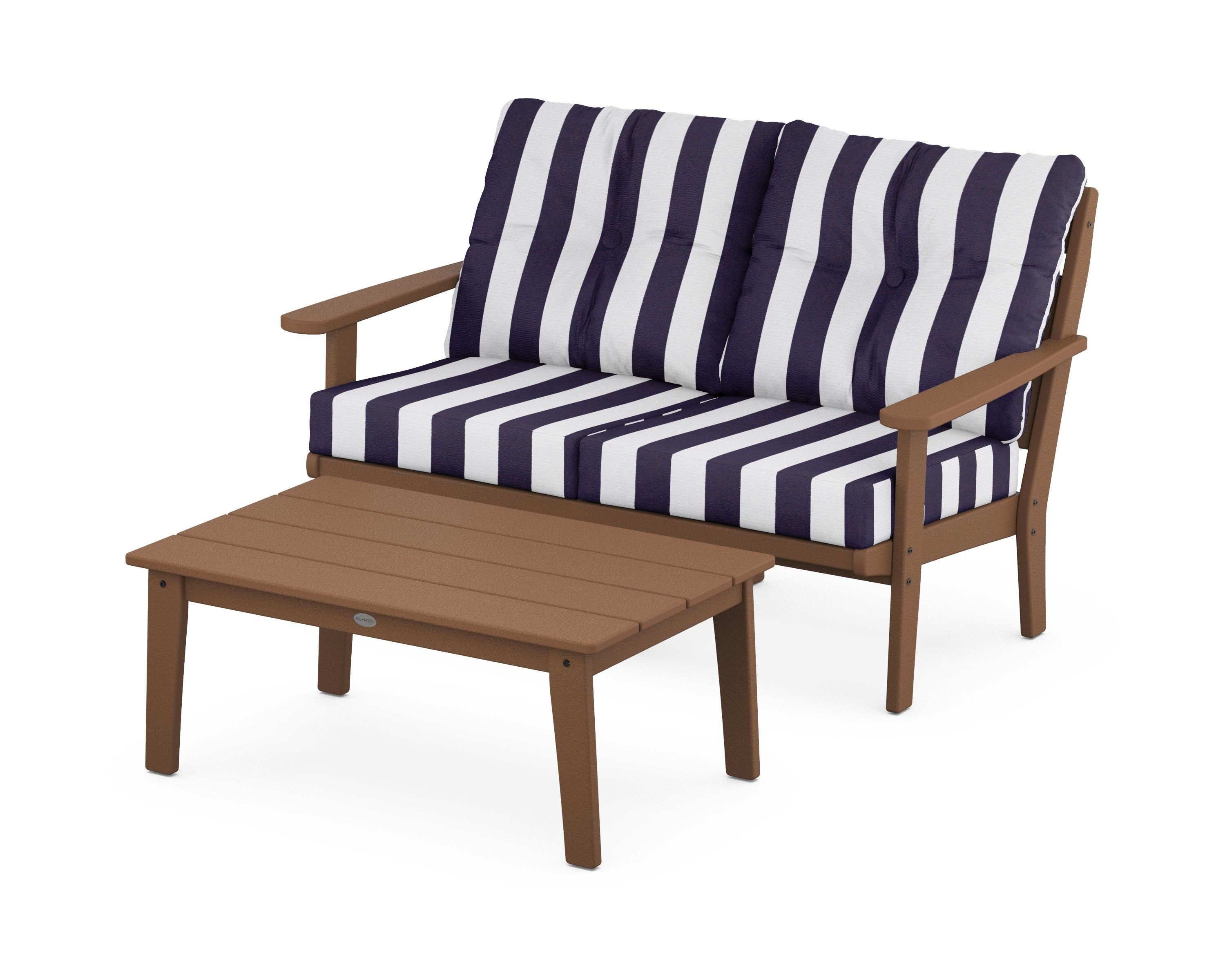 POLYWOOD® Lakeside 2-Piece Lounge Loveseat Set in Teak / Cabana Stripe Navy