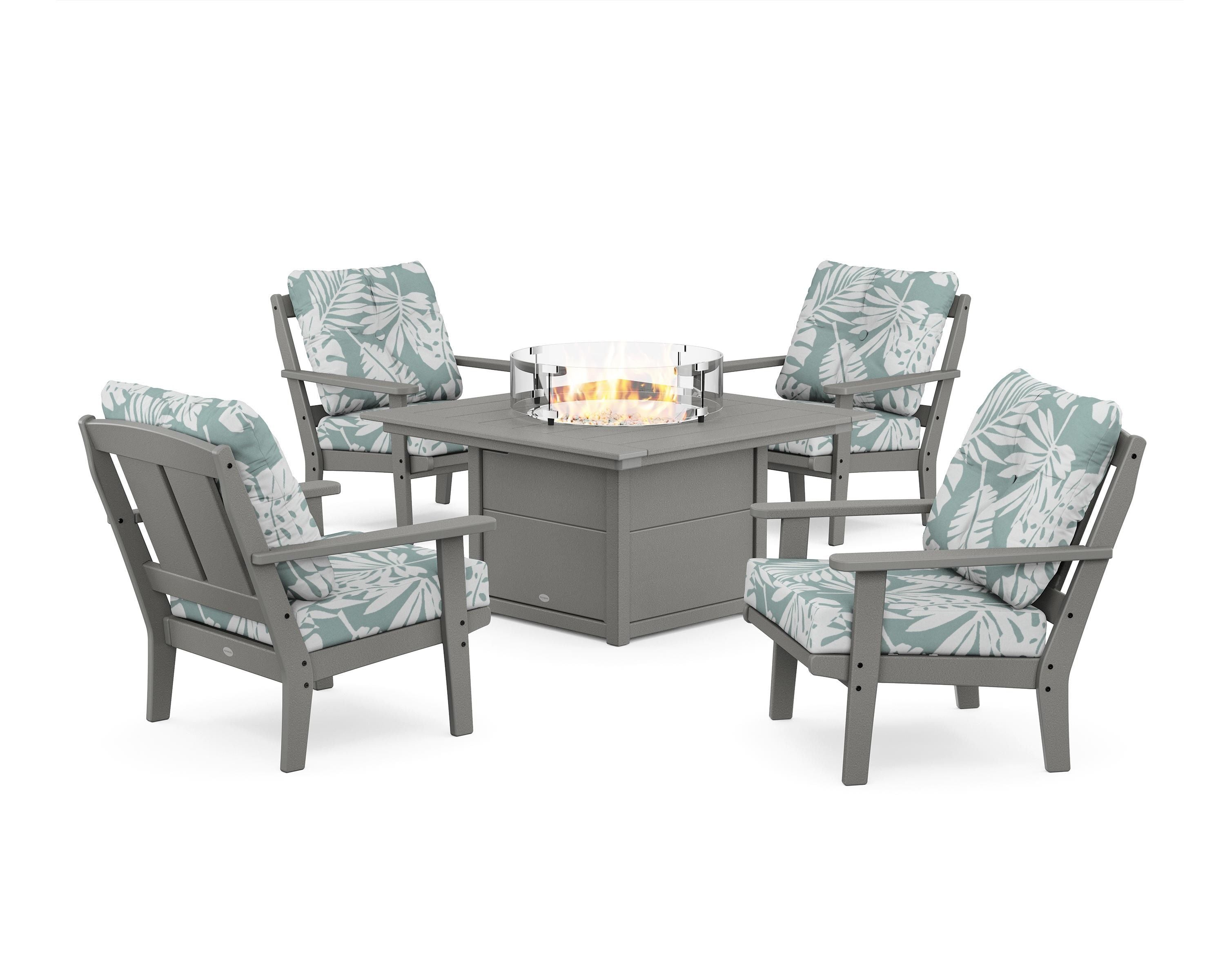 POLYWOOD® Mission 5-Piece Deep Seating Set with Fire Pit Table in Slate Grey / Leaf Glacier Spa