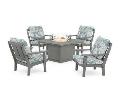 POLYWOOD® Mission 5-Piece Deep Seating Set with Fire Pit Table in Slate Grey / Leaf Glacier Spa