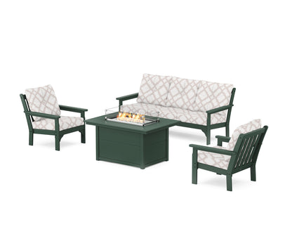 POLYWOOD® Vineyard Deep Seating Fire Pit Table Set in Green / Trellis Dune Burlap