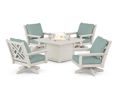POLYWOOD® Chippendale 5-Piece Deep Seating Swivel Conversation Set with Fire Pit Table in Sand / Glacier Spa