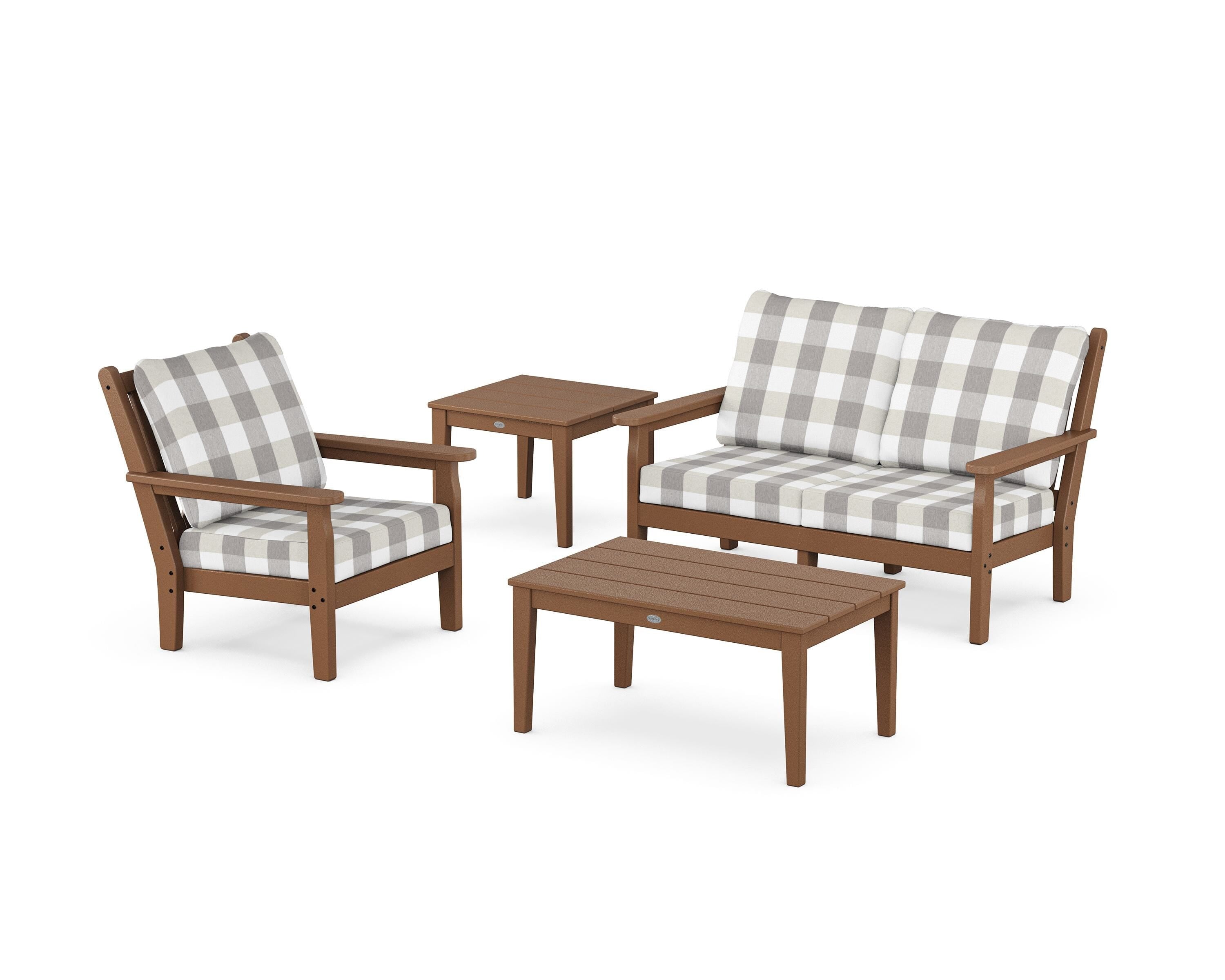 POLYWOOD® Chippendale 4-Piece Deep Seating Set in Teak / Buffalo Plaid Grey Mist