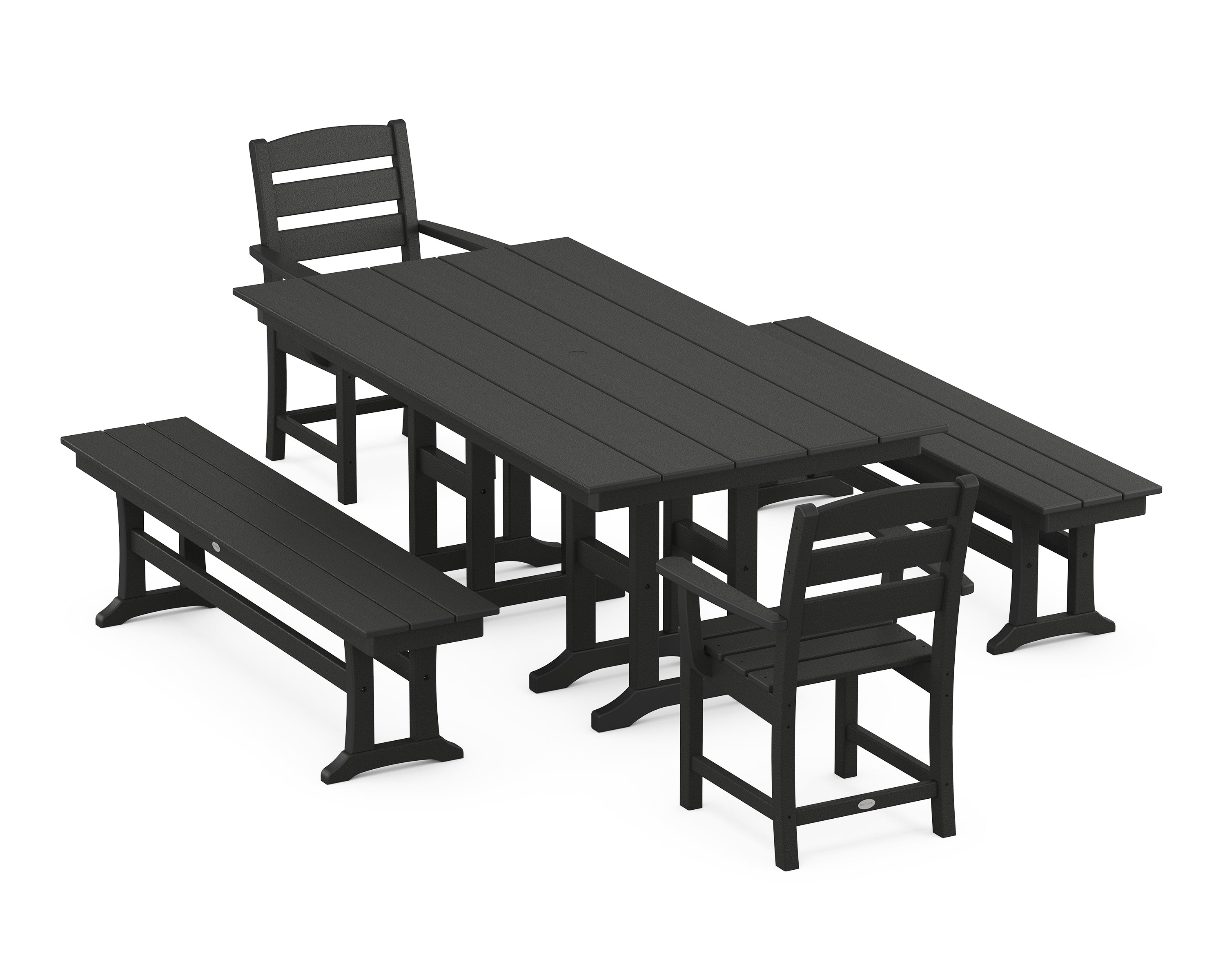 POLYWOOD® Lakeside 5-Piece Farmhouse Dining Set with Benches in Black