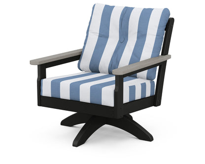 POLYWOOD® Vineyard Deep Seating Swivel Chair in Black / Driftwood / Cabana Stripe Sky Blue