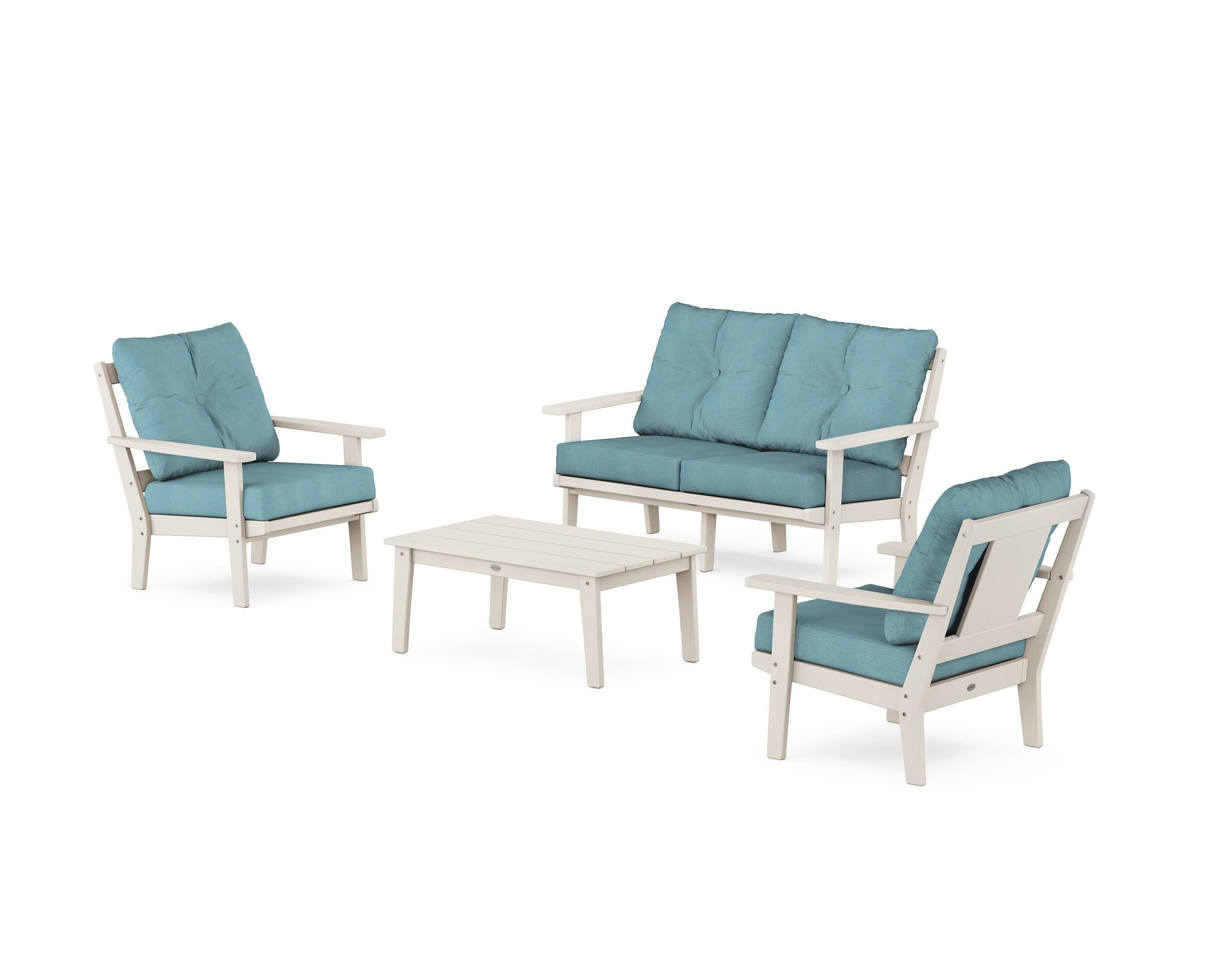 POLYWOOD® Prairie 4-Piece Deep Seating Set with Loveseat in Sand / Lattice Sky Blue