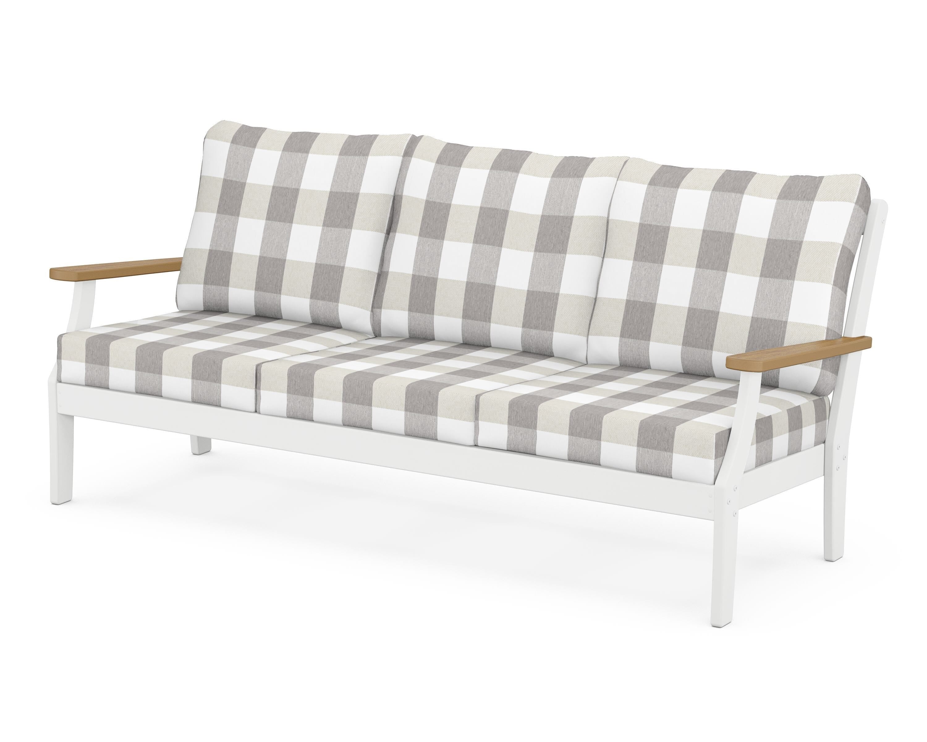 POLYWOOD® Braxton Deep Seating Sofa in White / Natural / Buffalo Plaid Grey Mist