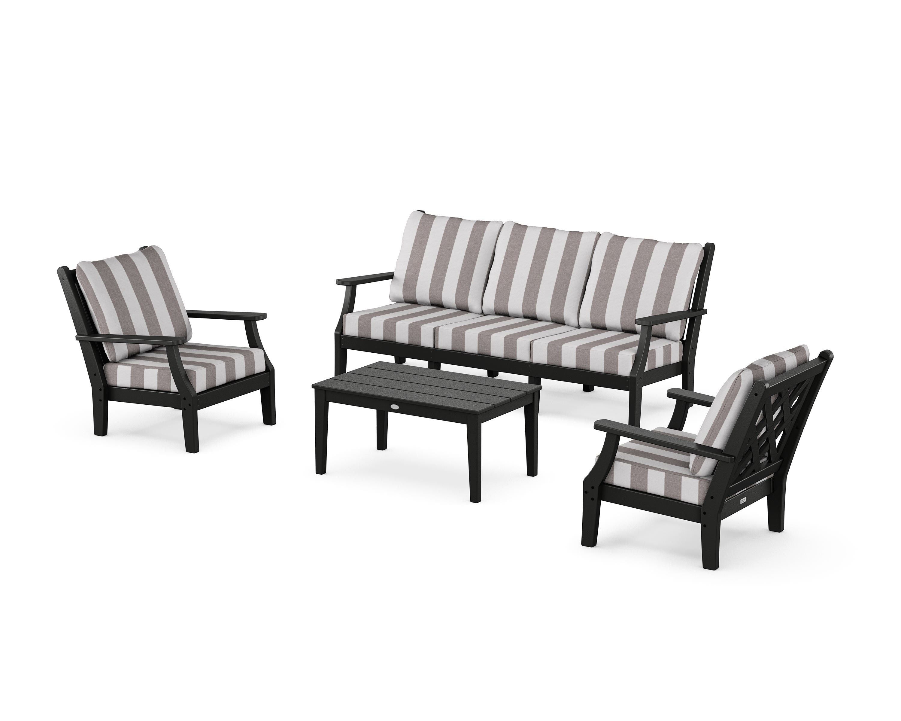 Country Living Wovendale 4-Piece Deep Seating Set with Sofa in Black / Cabana Stripe Grey Mist