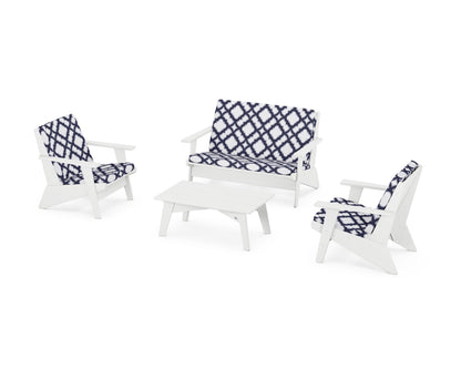 POLYWOOD® Riviera Modern Lounge 4-Piece Set in White / Trellis Navy