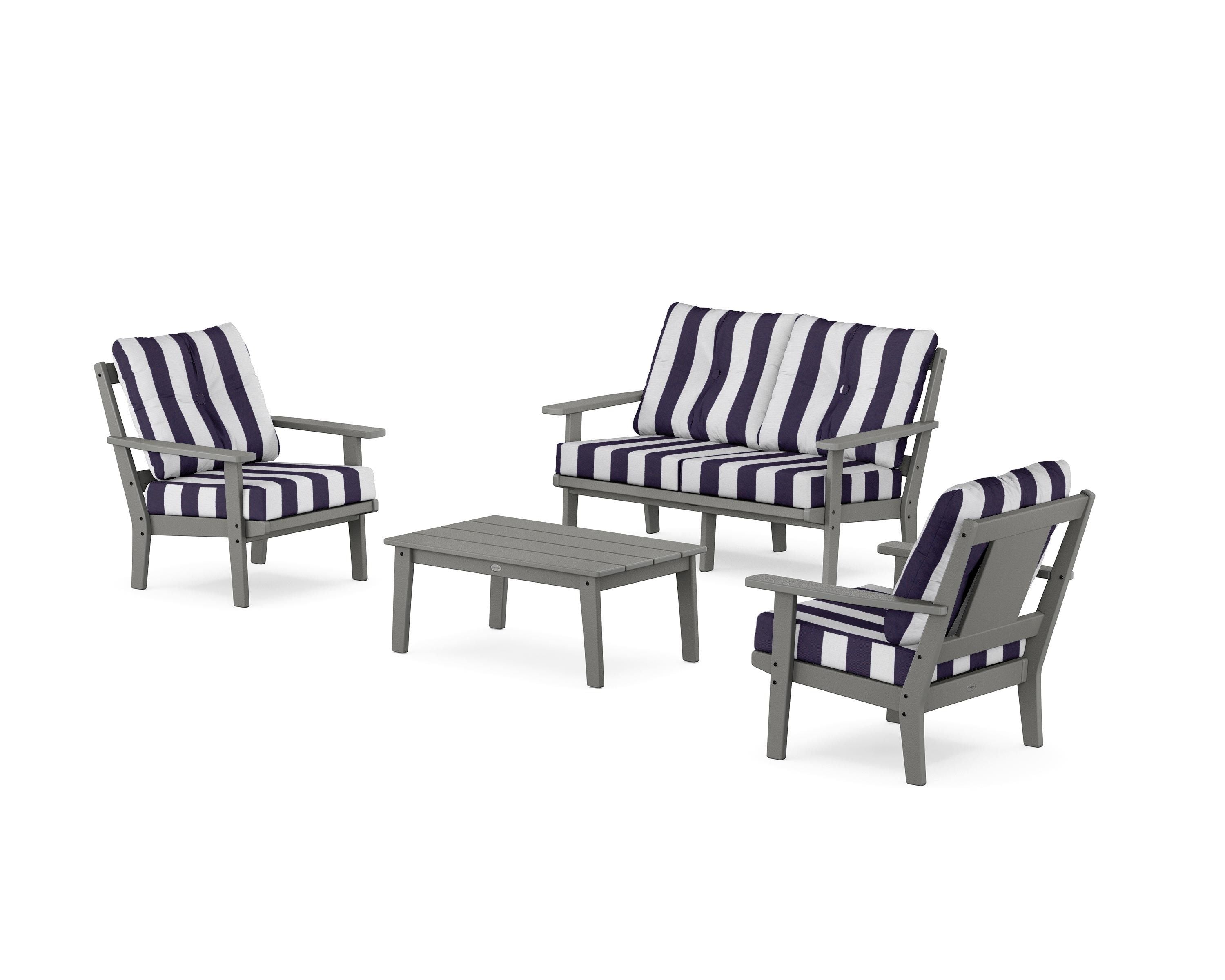 POLYWOOD® Prairie 4-Piece Deep Seating Set with Loveseat in Slate Grey / Cabana Stripe Navy
