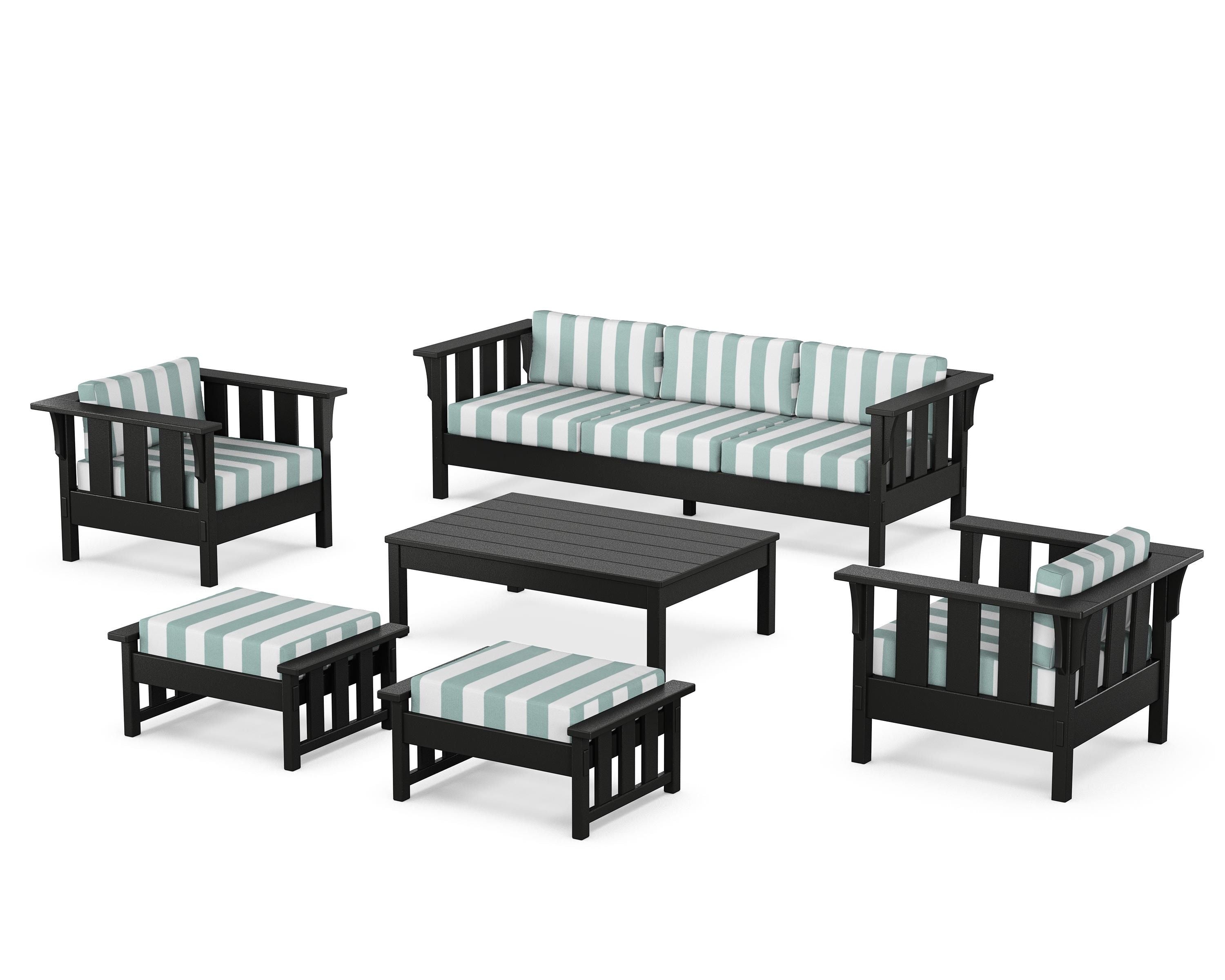 Martha Stewart by POLYWOOD® Acadia 6-Piece Lounge Sofa Set in Black / Cabana Stripe Glacier Spa