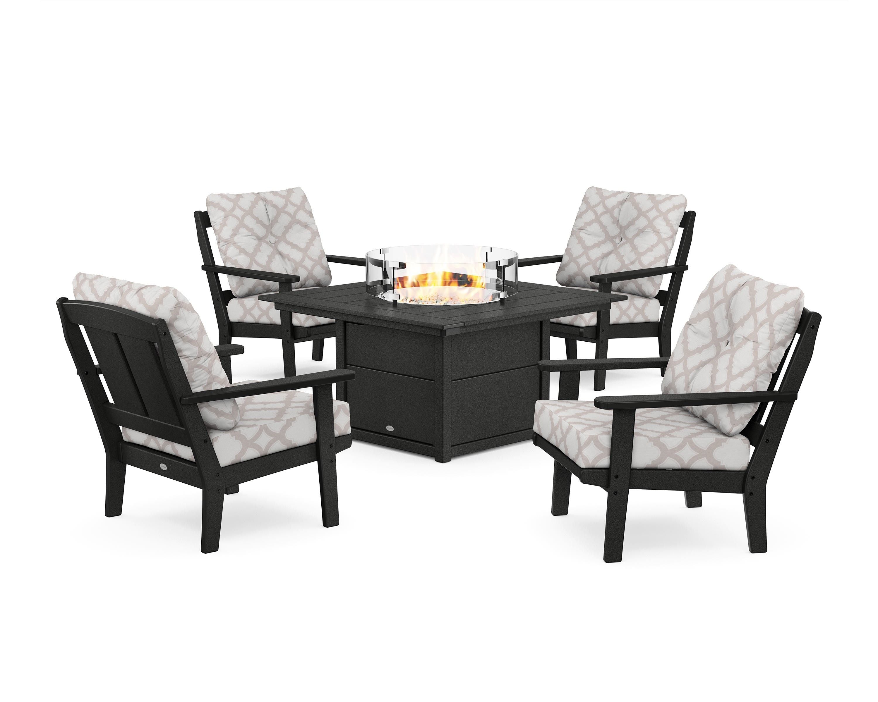 POLYWOOD® Mission 5-Piece Deep Seating Set with Fire Pit Table in Black / Trellis Dune Burlap