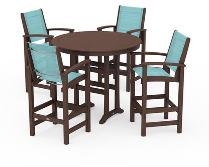 POLYWOOD® Coastal 5-Piece Nautical Trestle Bar Set in Mahogany / Dupioni Aquamarine Sling