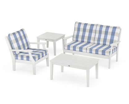 POLYWOOD® Braxton 4-Piece Deep Seating Set in White / Buffalo Plaid Sky Blue