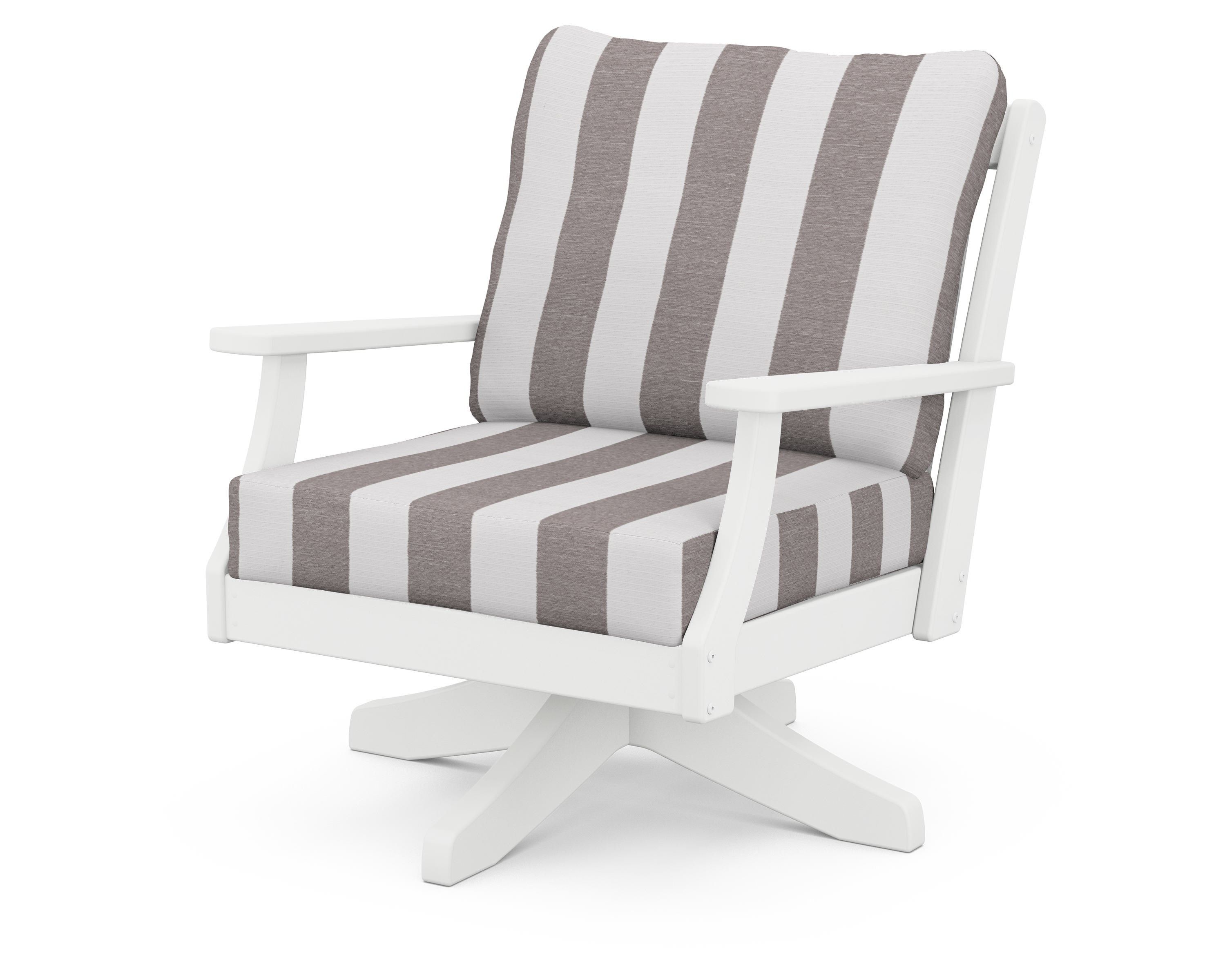 POLYWOOD® Braxton Deep Seating Swivel Chair in White / Cabana Stripe Grey Mist