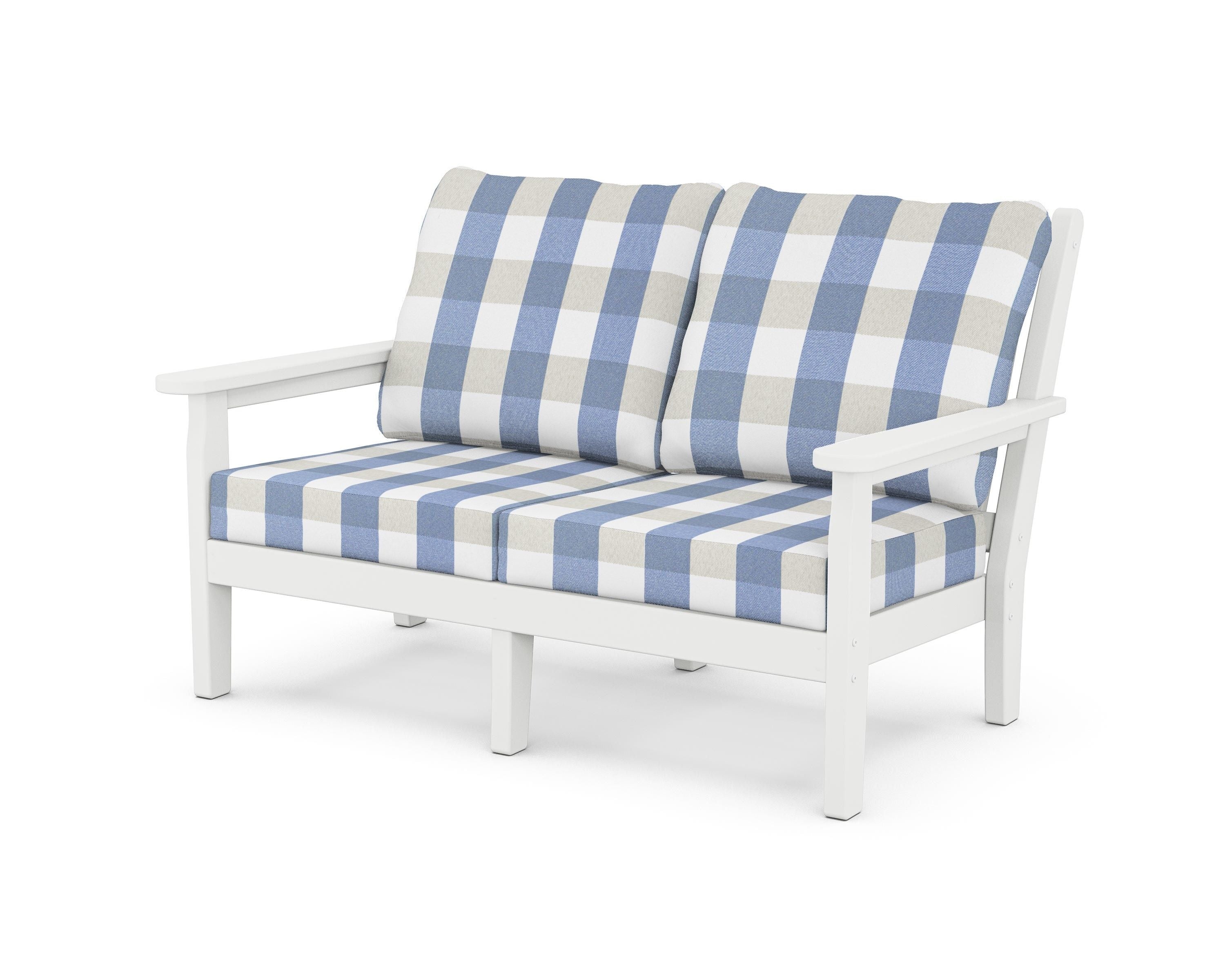 POLYWOOD® Chippendale Deep Seating Loveseat in White / Buffalo Plaid Sky Blue