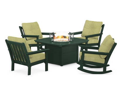 POLYWOOD® Vineyard 5-Piece Deep Seating Rocking Chair Conversation Set with Fire Pit Table in Green / Chartreuse Boucle