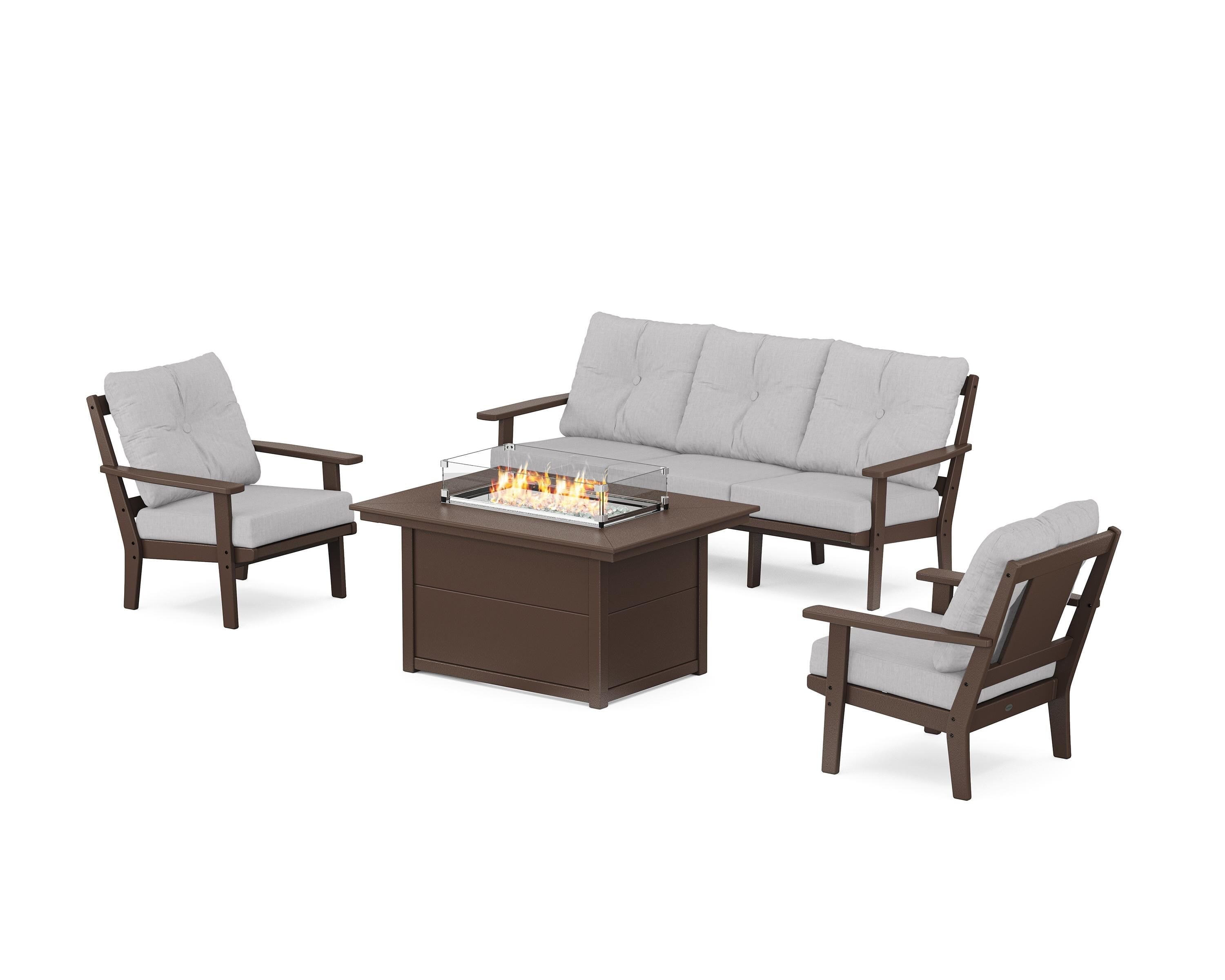 POLYWOOD® Prairie Deep Seating Fire Pit Table Set in Mahogany / Granite