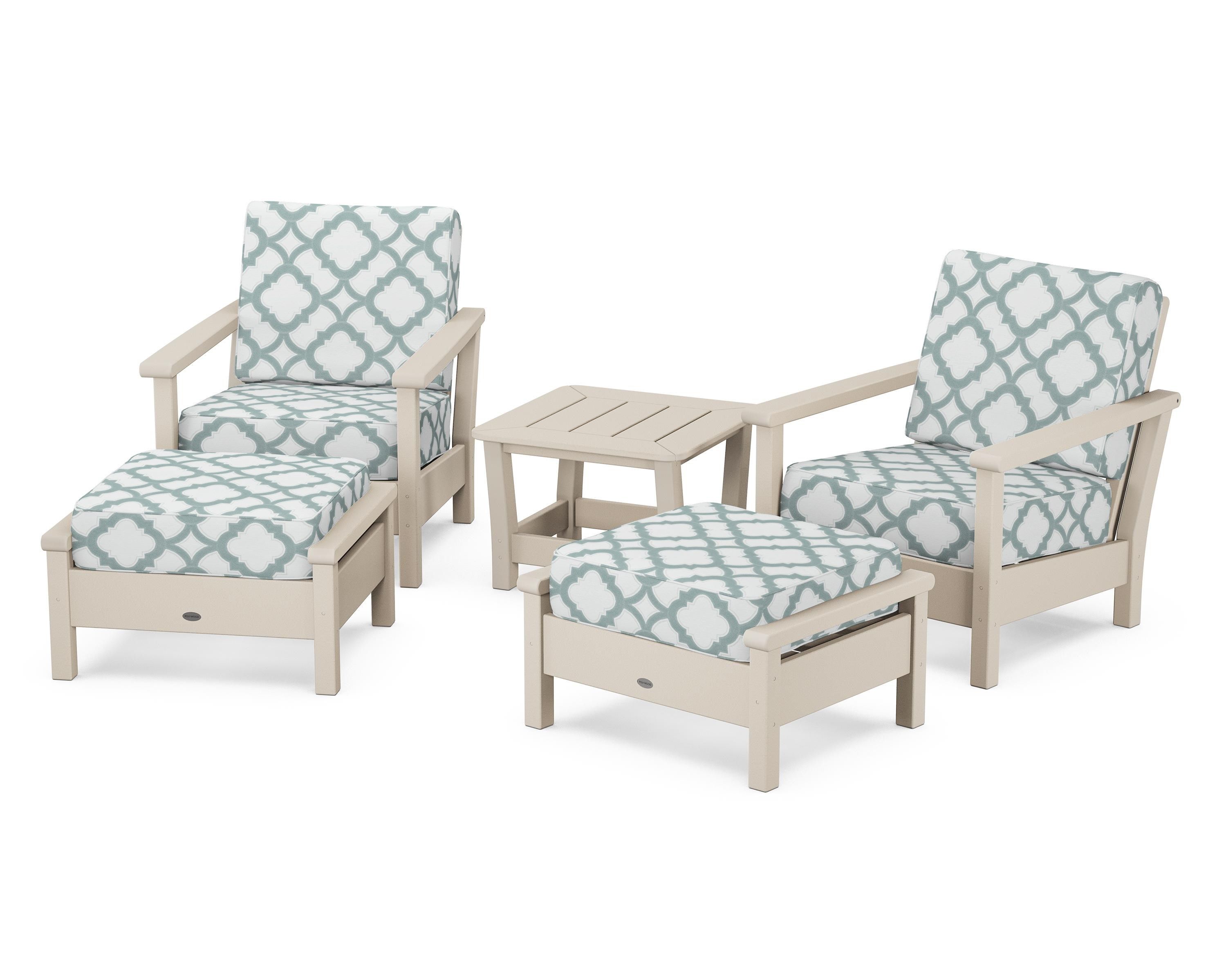 POLYWOOD® Harbour 5-Piece Deep Seating Chair Set in Sand / Trellis Glacier Spa