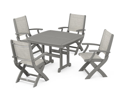 POLYWOOD® Coastal Folding Chair 5-Piece Dining Set in Slate Grey / Birch Sling