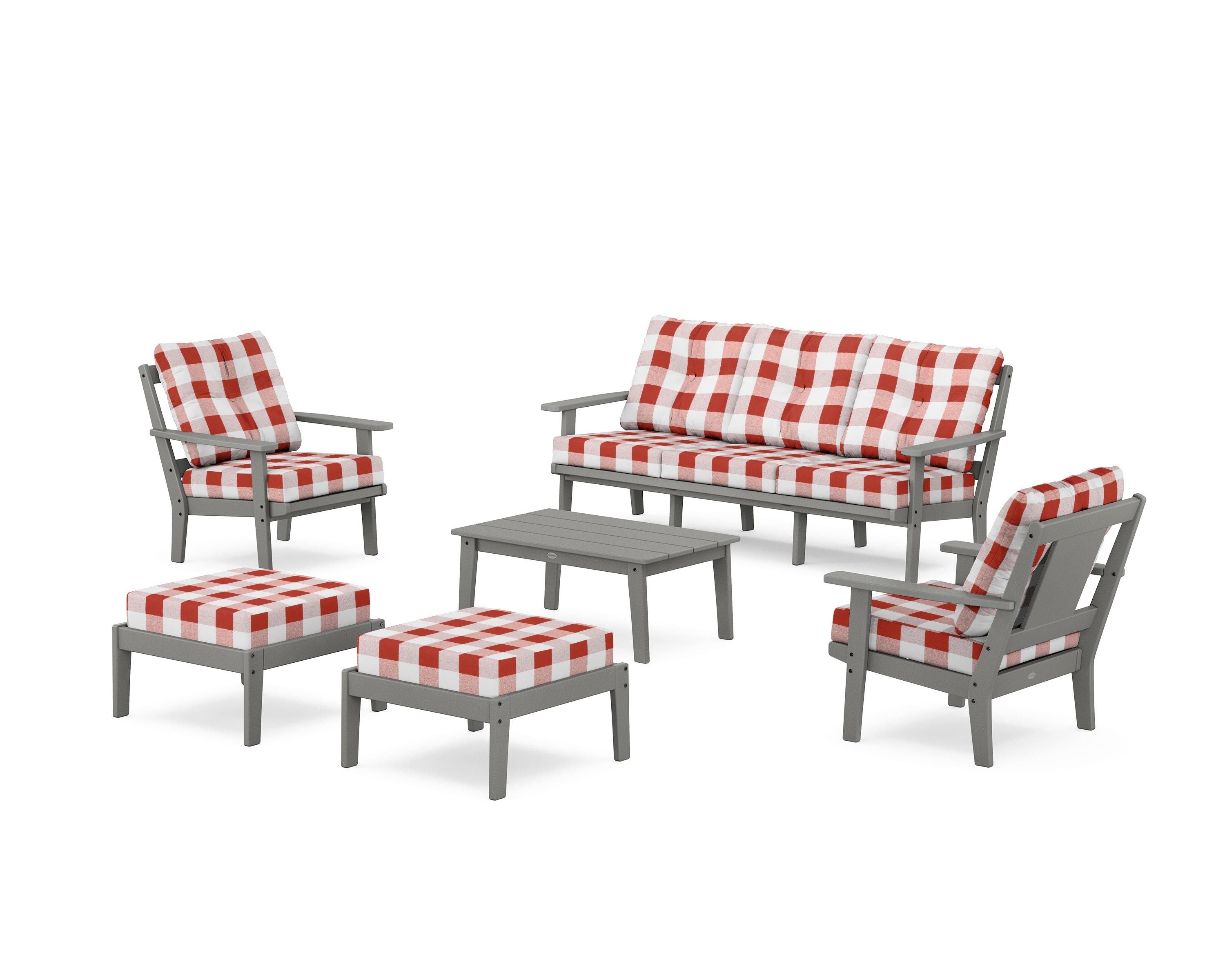 POLYWOOD® Prairie 6-Piece Lounge Sofa Set in Slate Grey / Buffalo Plaid Crimson