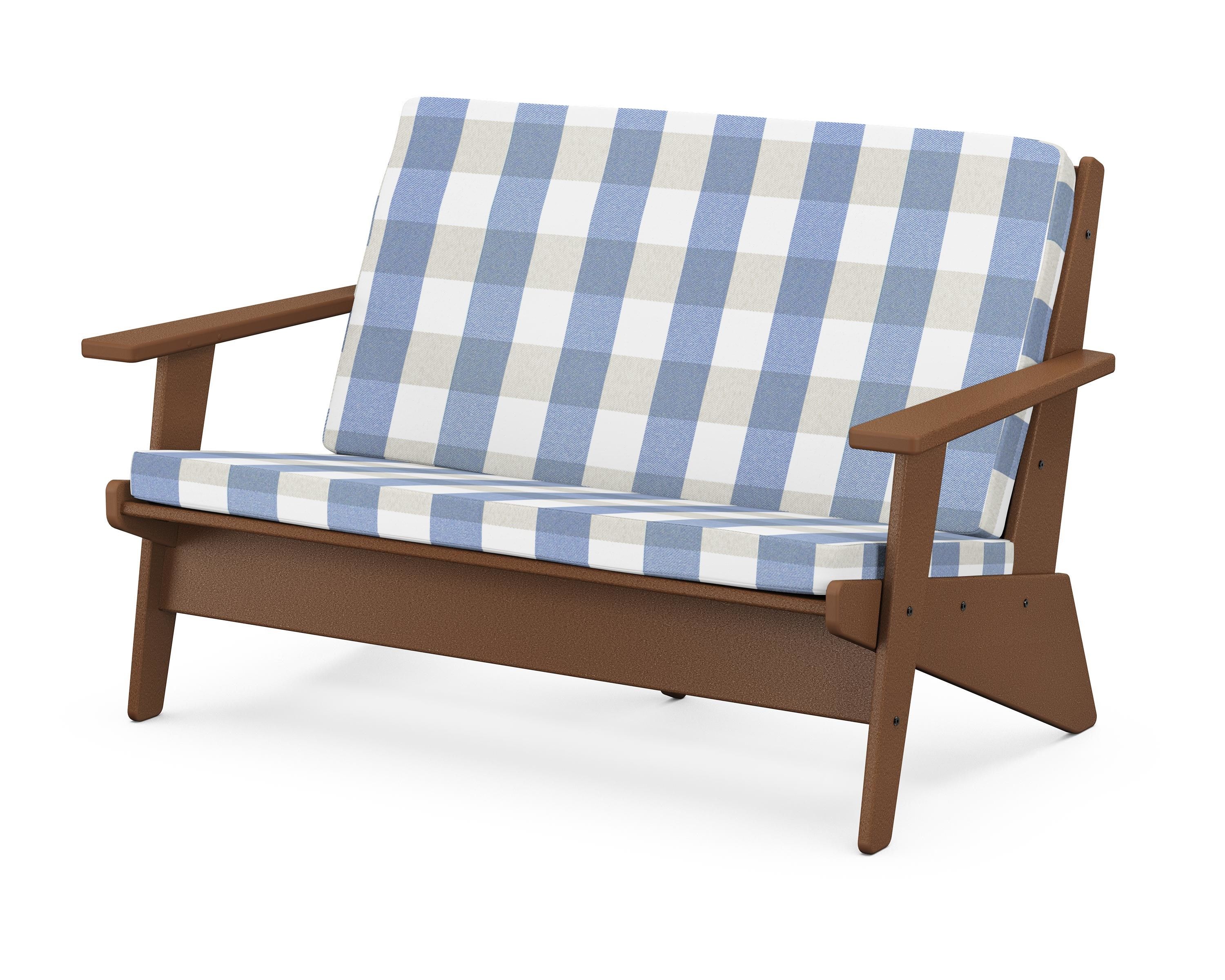 POLYWOOD® Riviera Modern Lounge Loveseat in Teak / Buffalo Plaid Sky Blue