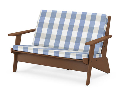 POLYWOOD® Riviera Modern Lounge Loveseat in Teak / Buffalo Plaid Sky Blue