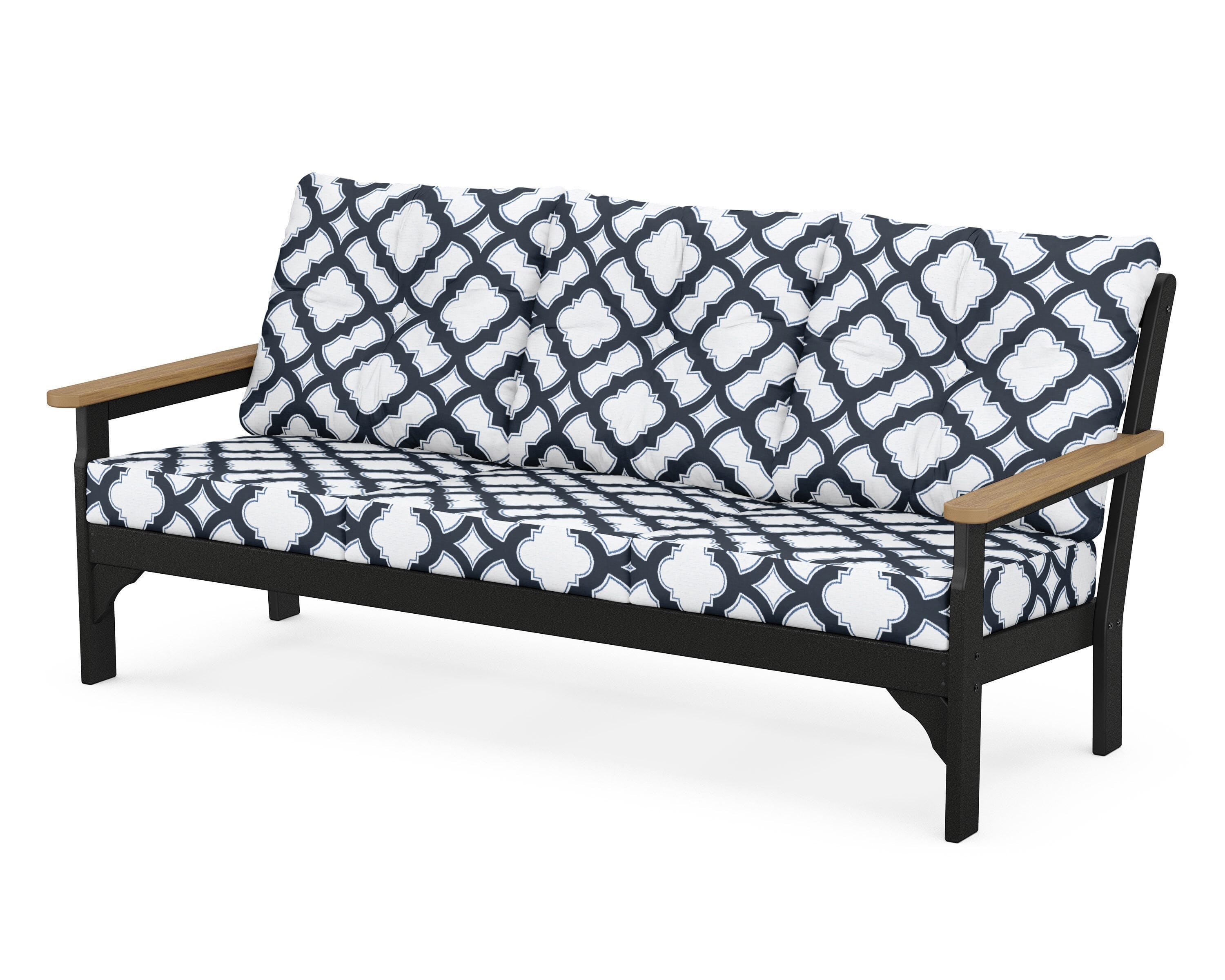 POLYWOOD® Vineyard Deep Seating Sofa in Black / Natural / Trellis Marine Indigo
