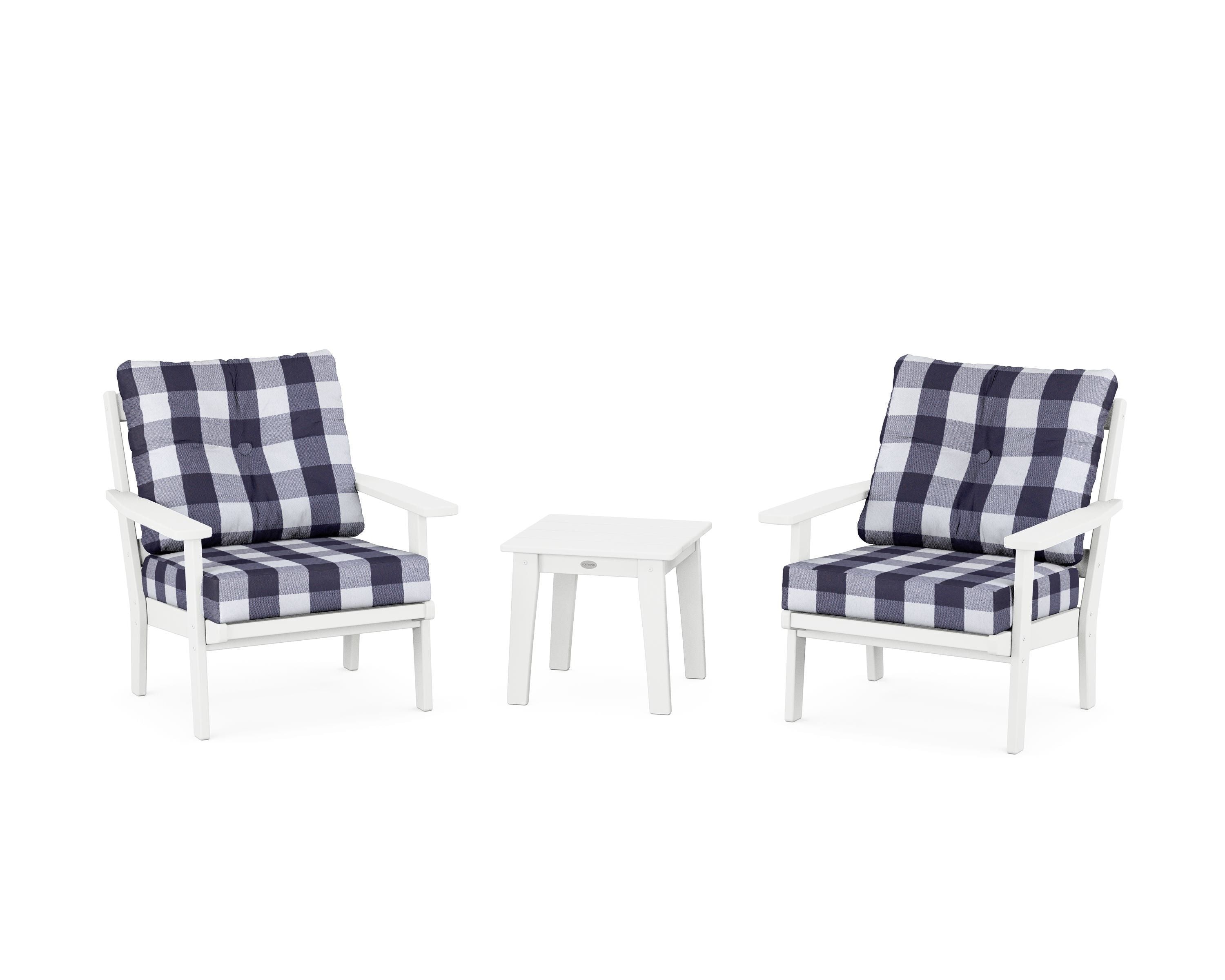 POLYWOOD® Prairie 3-Piece Deep Seating Set in White / Buffalo Plaid Navy